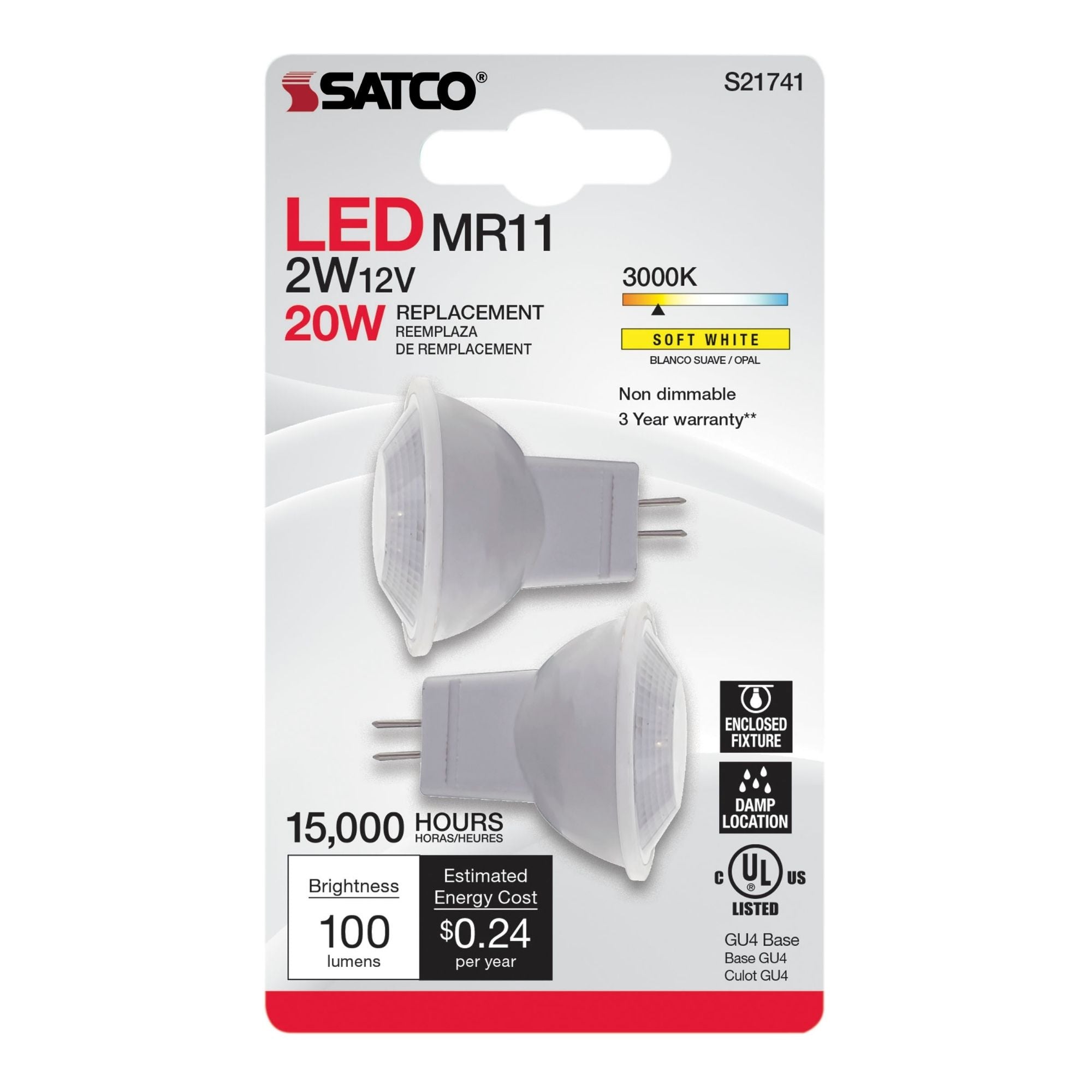 MR11 LED Bulb, 2 Watts, 100 Lumens, 3000K, GU4 Base, 36° Flood, 12V, Pack of 2