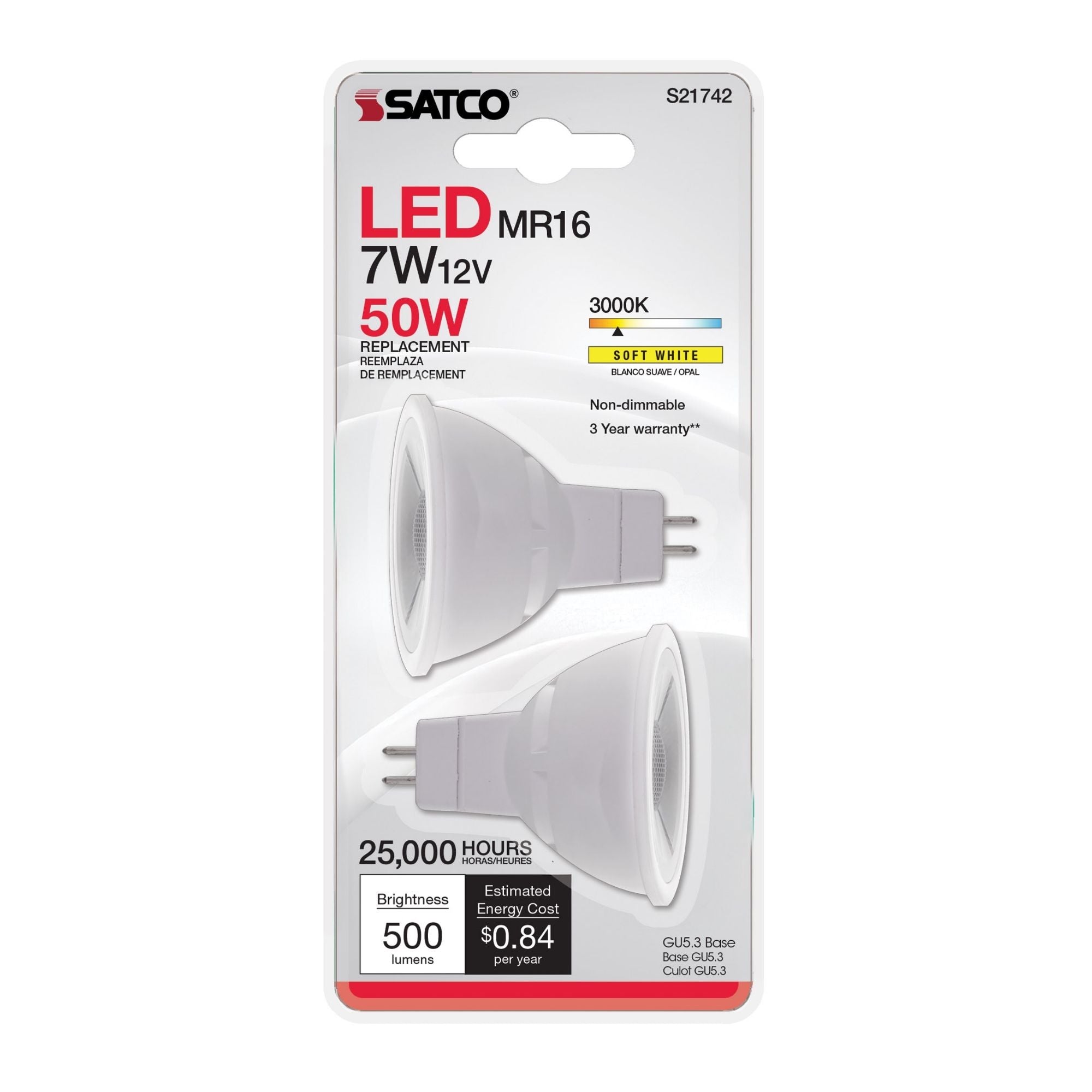 MR16 LED Bulb, 7 Watts, 600 Lumens, 3000K, GU5.3 Base, 40° Flood, 12V, Pack of 2