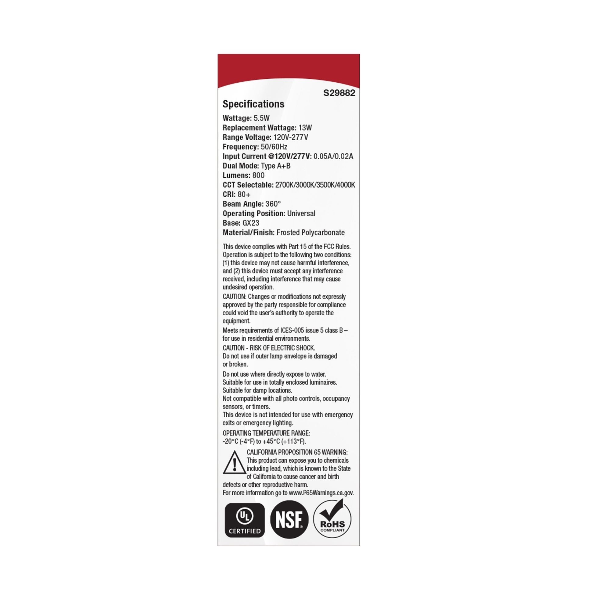 Satco|Nuvo PLC LED Bulb 5.5W 800 Lumens Selectable CCT 2-Pin GX23 Type A/B