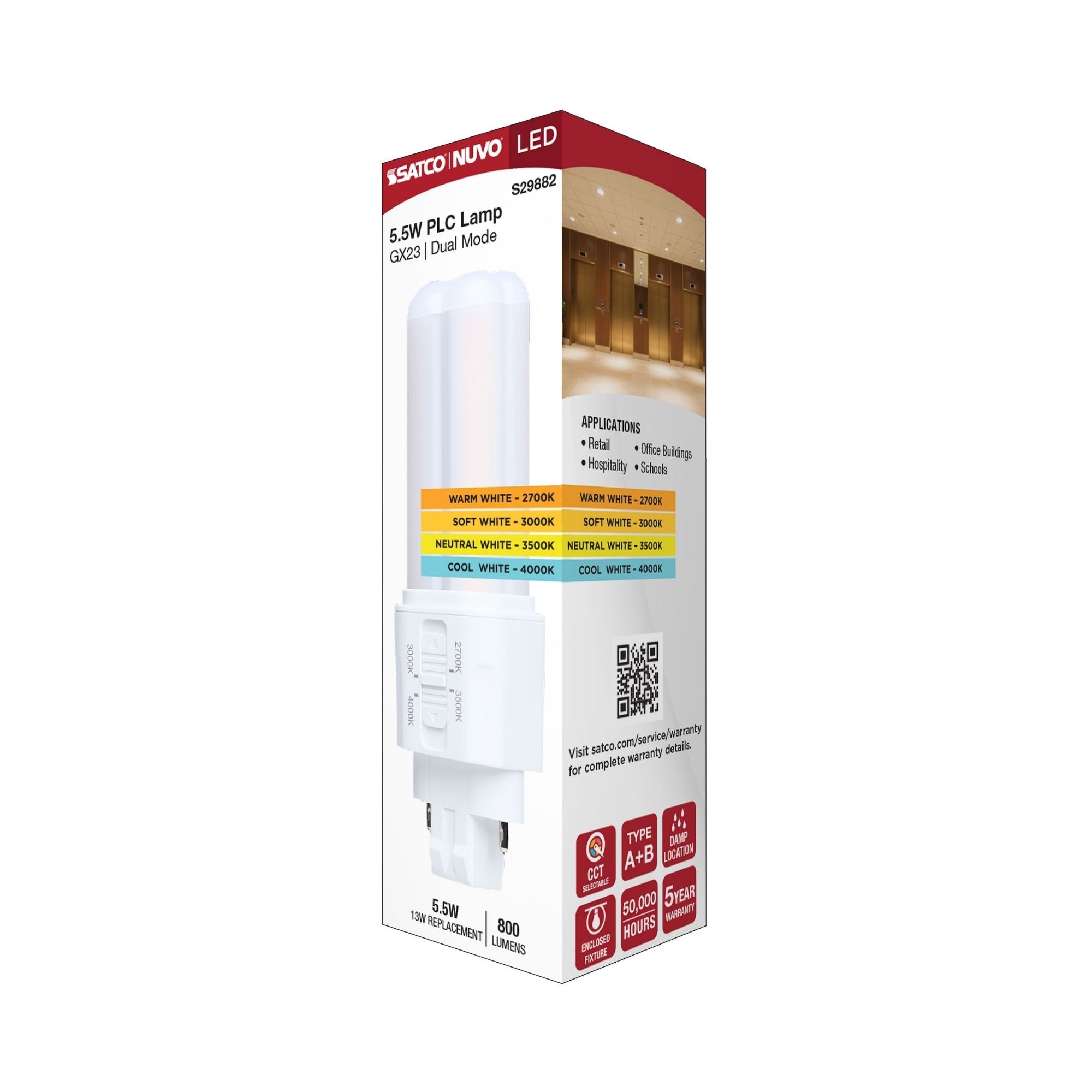 Satco|Nuvo PLC LED Bulb 5.5W 800 Lumens Selectable CCT 2-Pin GX23 Type A/B
