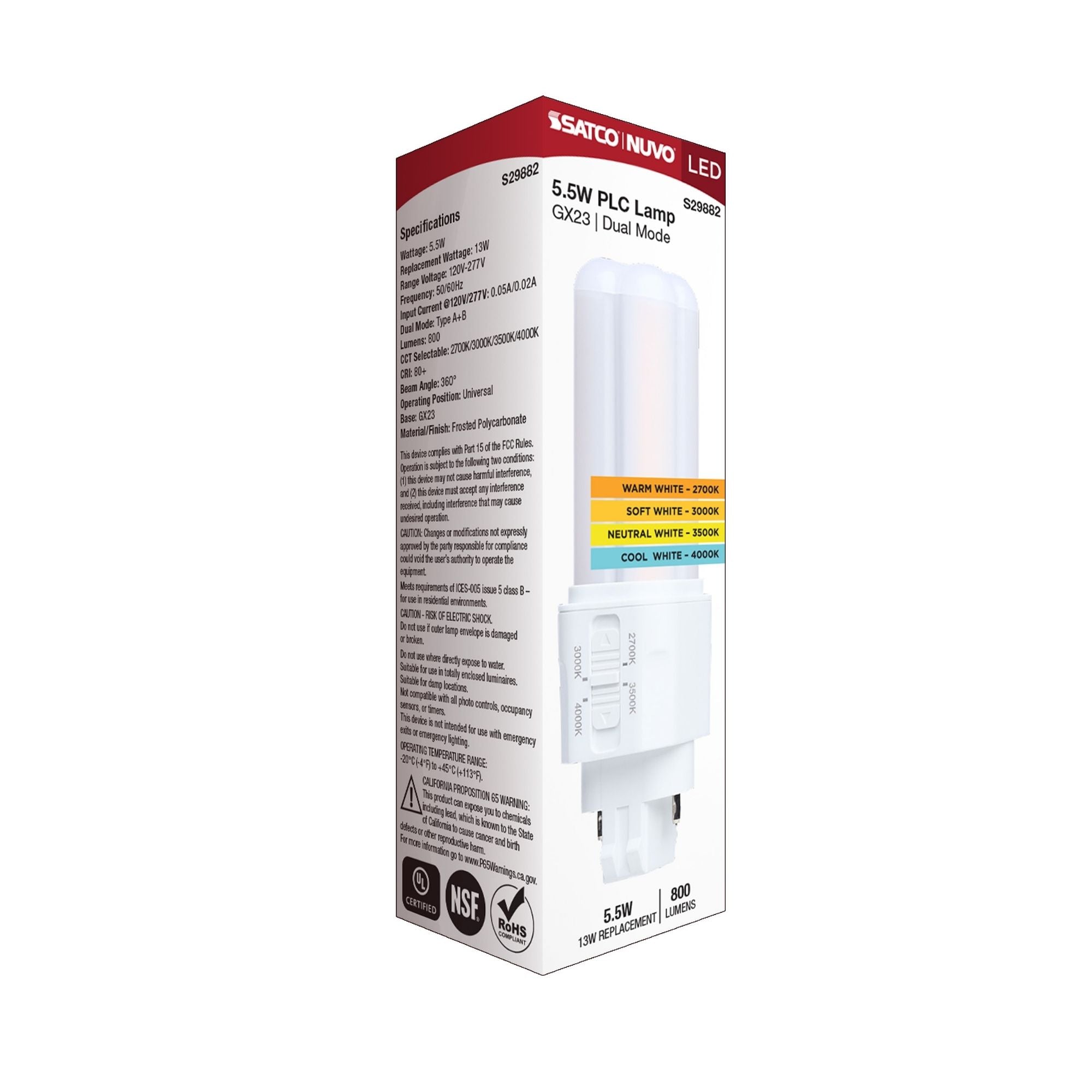 Satco|Nuvo PLC LED Bulb 5.5W 800 Lumens Selectable CCT 2-Pin GX23 Type A/B
