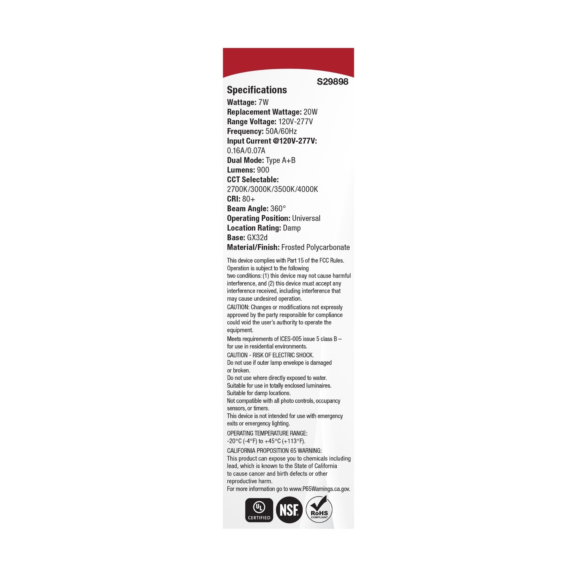 Satco|Nuvo PLC LED Bulb 7W 900 Lumens Selectable CCT GX32d Base Type A/B