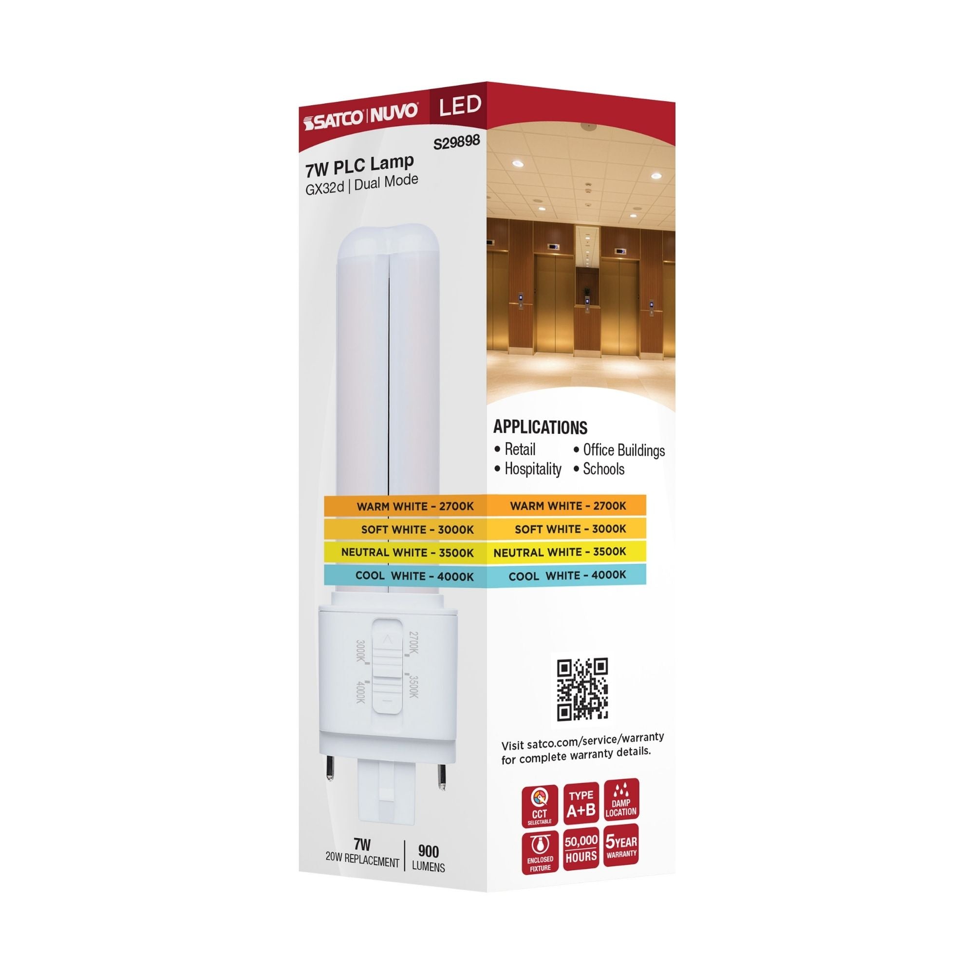 Satco|Nuvo PLC LED Bulb 7W 900 Lumens Selectable CCT GX32d Base Type A/B