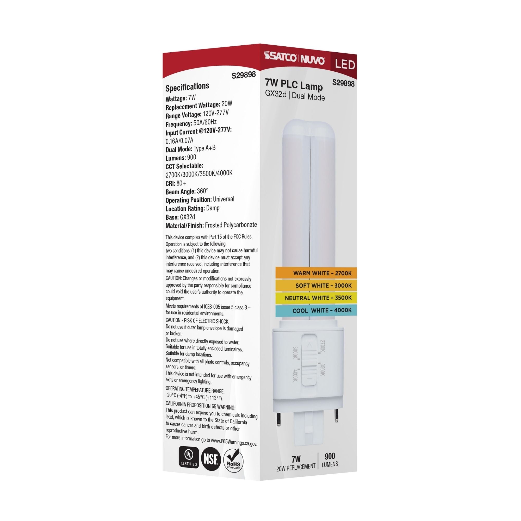 Satco|Nuvo PLC LED Bulb 7W 900 Lumens Selectable CCT GX32d Base Type A/B