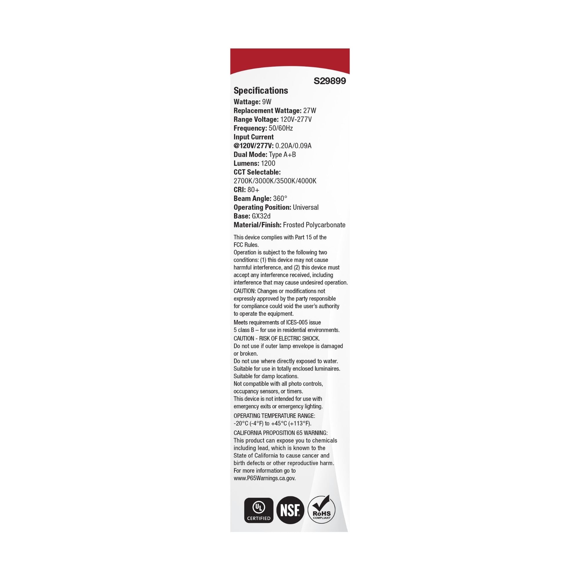 Satco|Nuvo PLC LED Bulb 9W 1200 Lumens Selectable CCT GX32d Base Type A/B