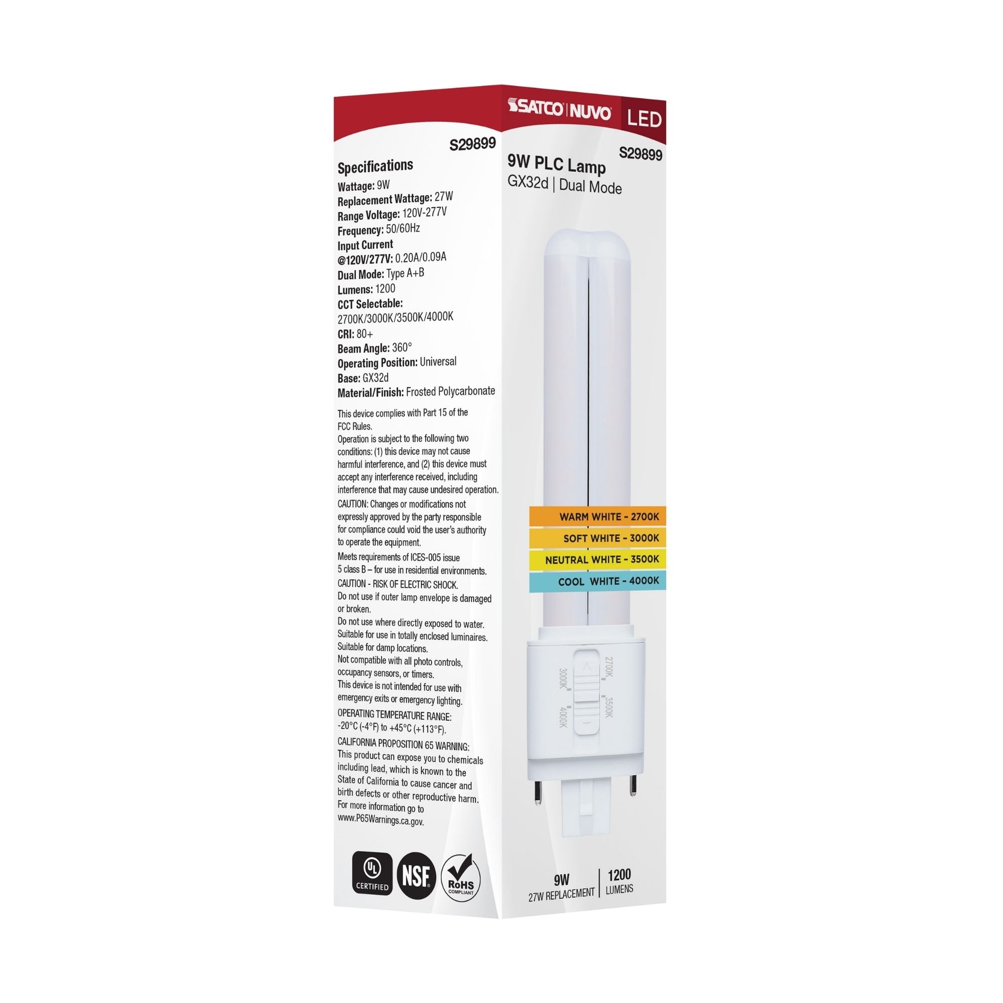 Satco|Nuvo PLC LED Bulb 9W 1200 Lumens Selectable CCT GX32d Base Type A/B