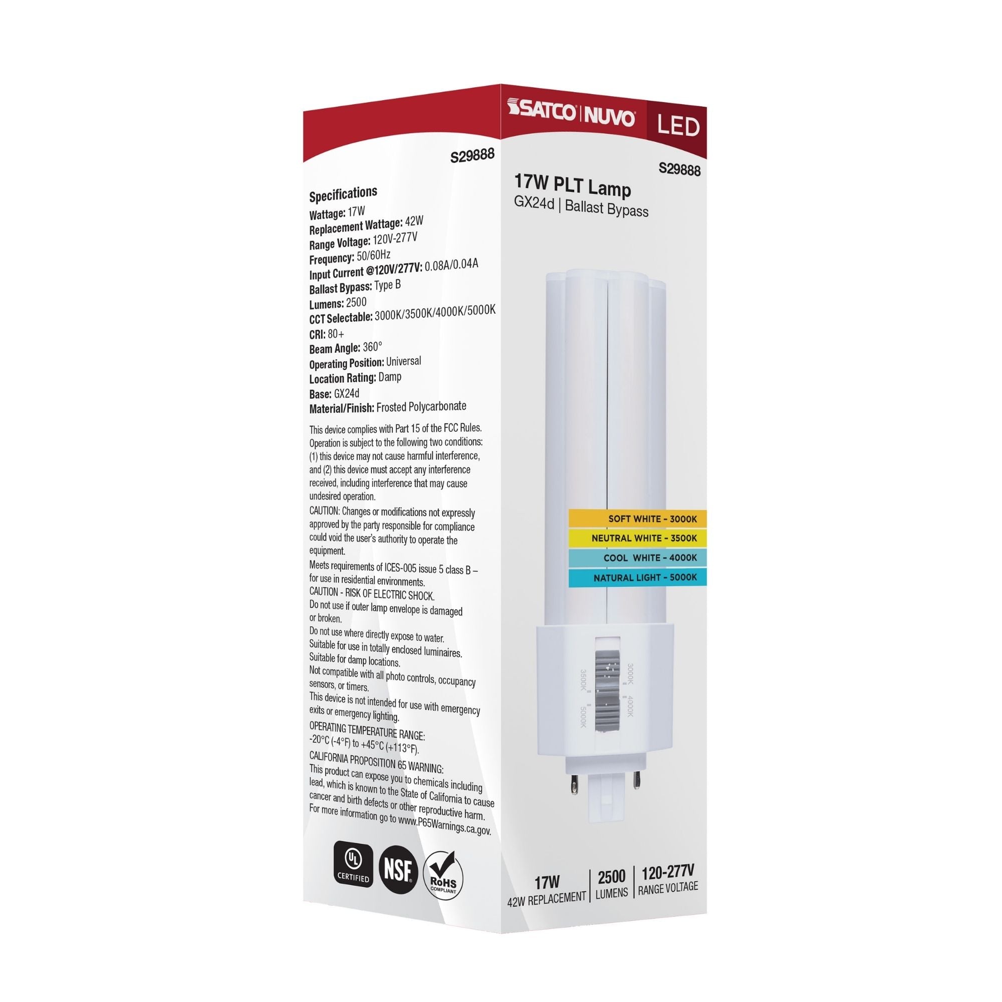 Satco|Nuvo PLT LED Bulb 17W 2500Lm 2-Pin/4-Pin GX24d Base Selectable CCT Type B