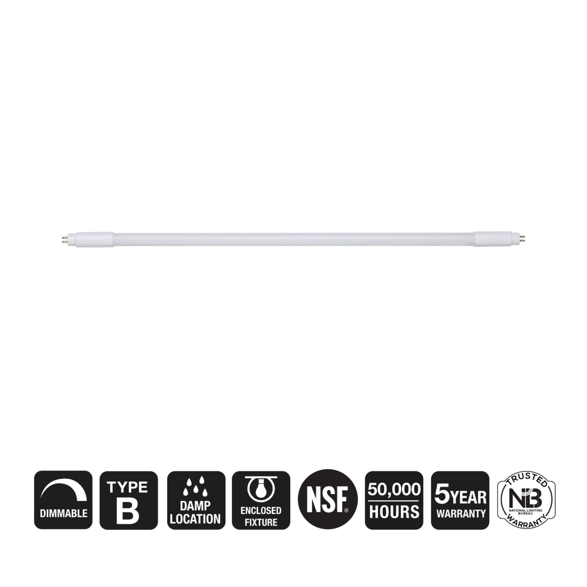 2ft T5 LED Lamp, 12 Watts, 1620 Lumens, 3500K to 6500K, Ballast Bypass, Single|Dual End