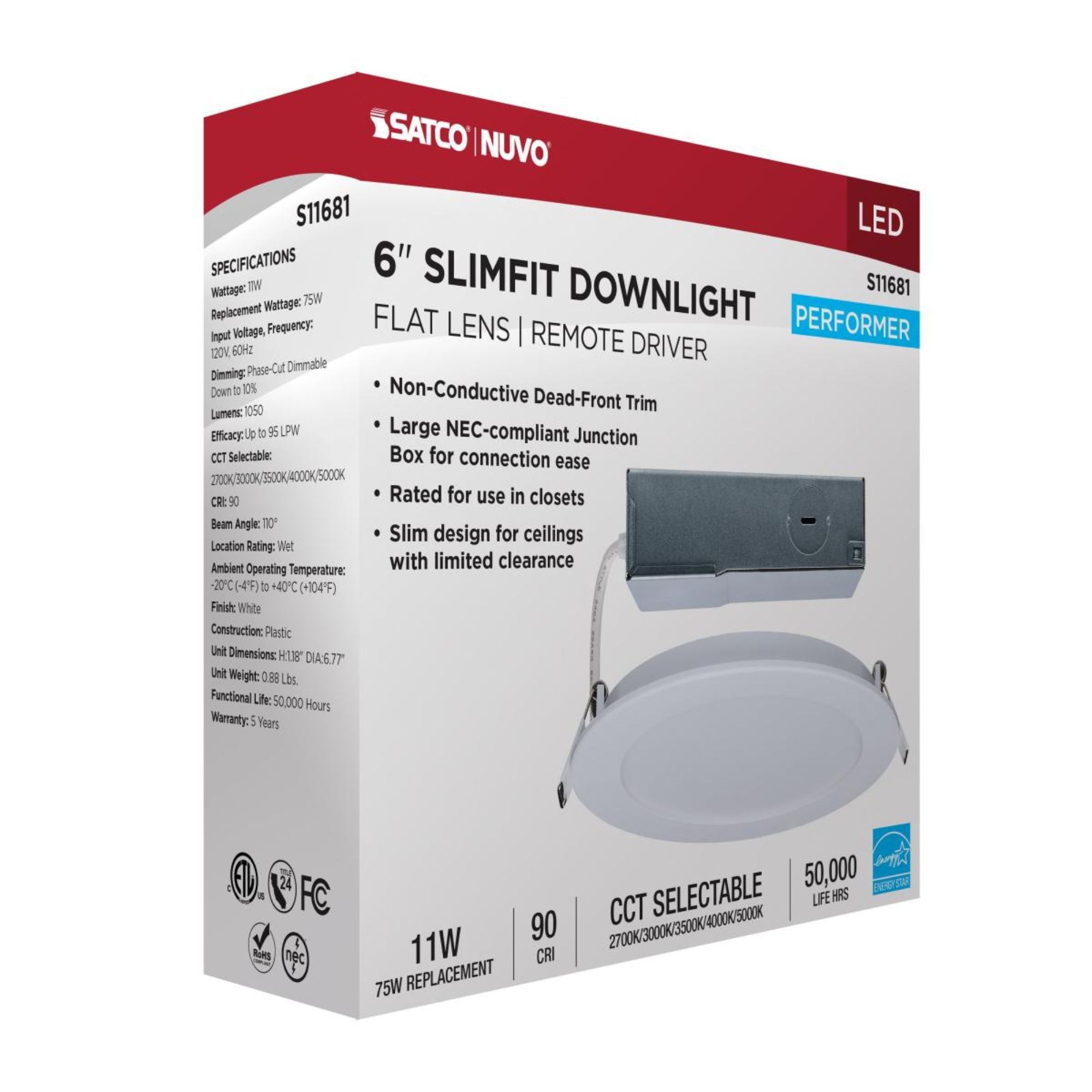 6" Round Performer Series LED Slim Fit Downlight, 1050 Lm, 5-CCT