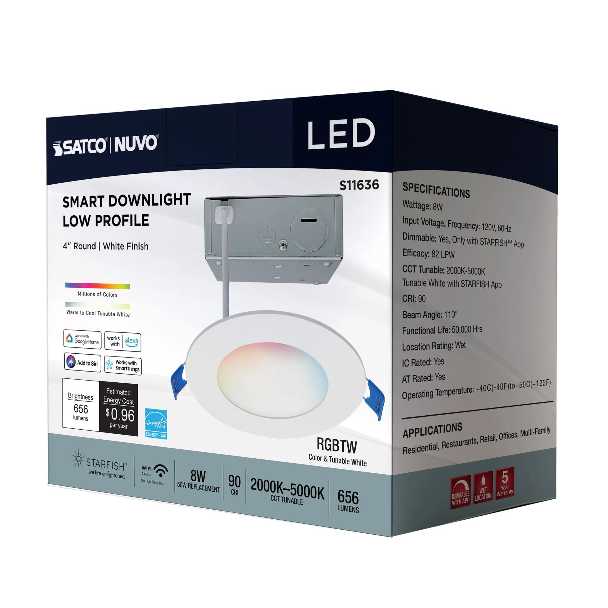 SATCO|NUVO - Starfish 4" Smart LED Slimfit Downlight, 8W, 650lm, RGB, White Round Trim | Bees Lighting