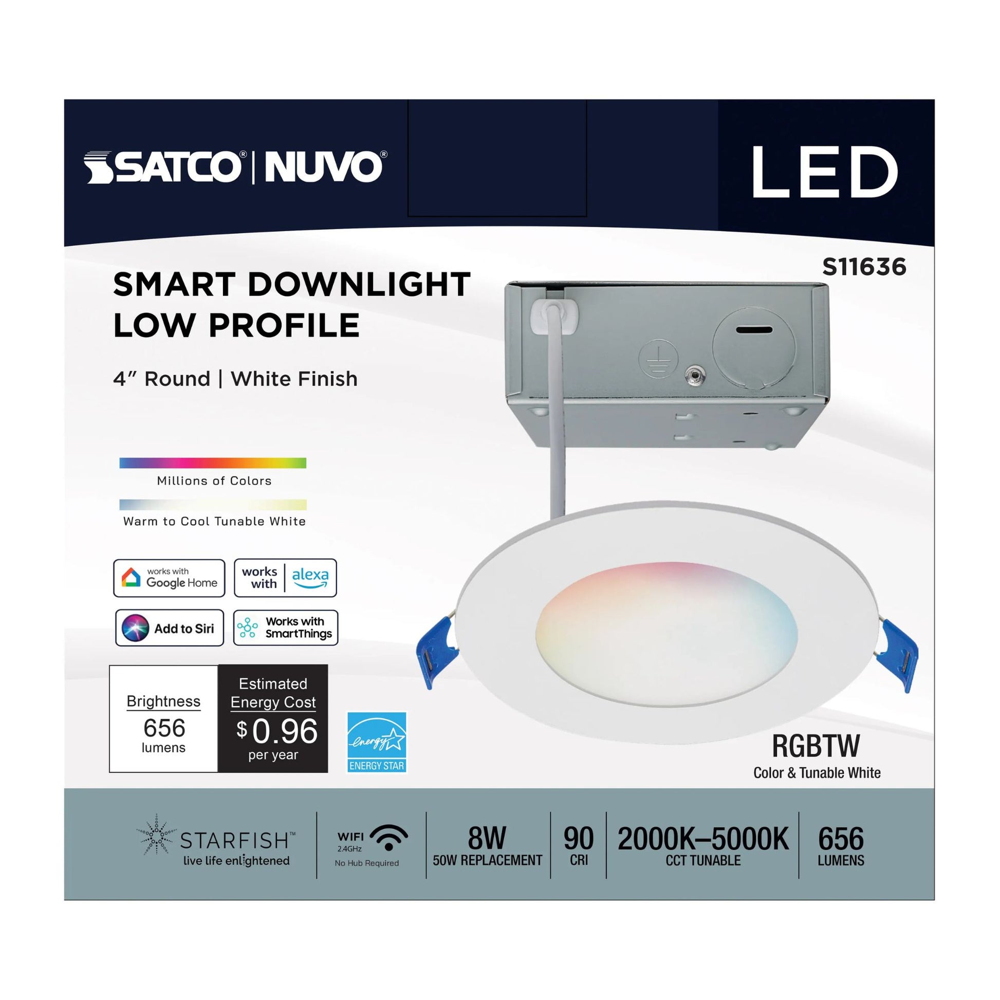 SATCO|NUVO - Starfish 4" Smart LED Slimfit Downlight, 8W, 650lm, RGB, White Round Trim | Bees Lighting