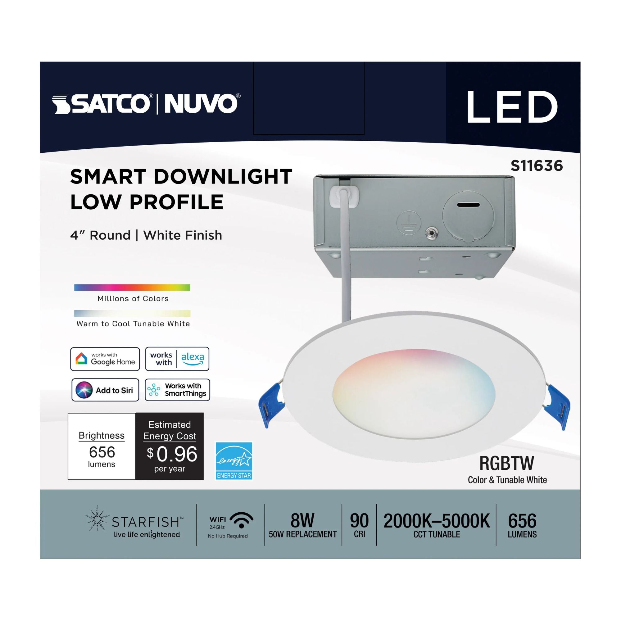 SATCO|NUVO - Starfish 4" Smart LED Slimfit Downlight, 8W, 650lm, RGB, White Round Trim | Bees Lighting