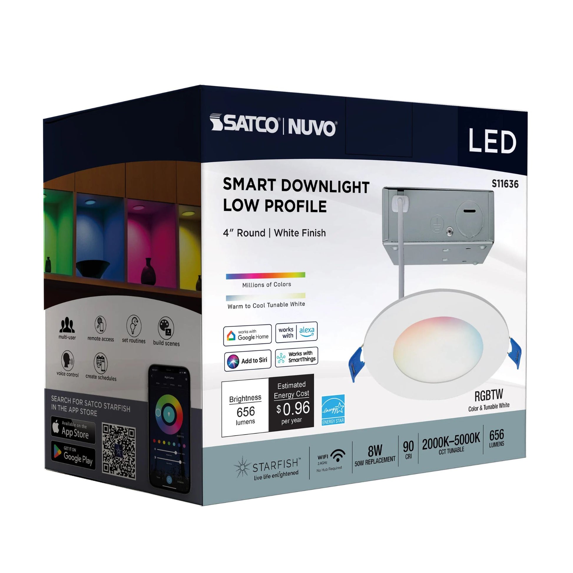 SATCO|NUVO - Starfish 4" Smart LED Slimfit Downlight, 8W, 650lm, RGB, White Round Trim | Bees Lighting