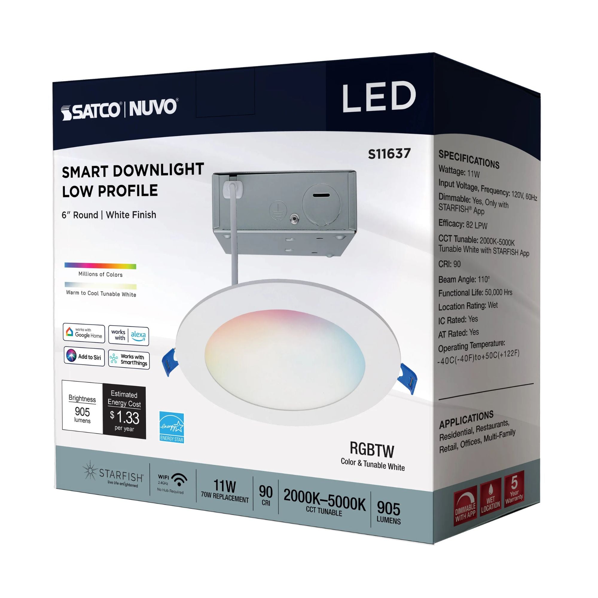 SATCO|NUVO - Starfish 6" Smart LED Slimfit Downlight, 11W, 900lm, RGB, White Round Trim | Bees Lighting