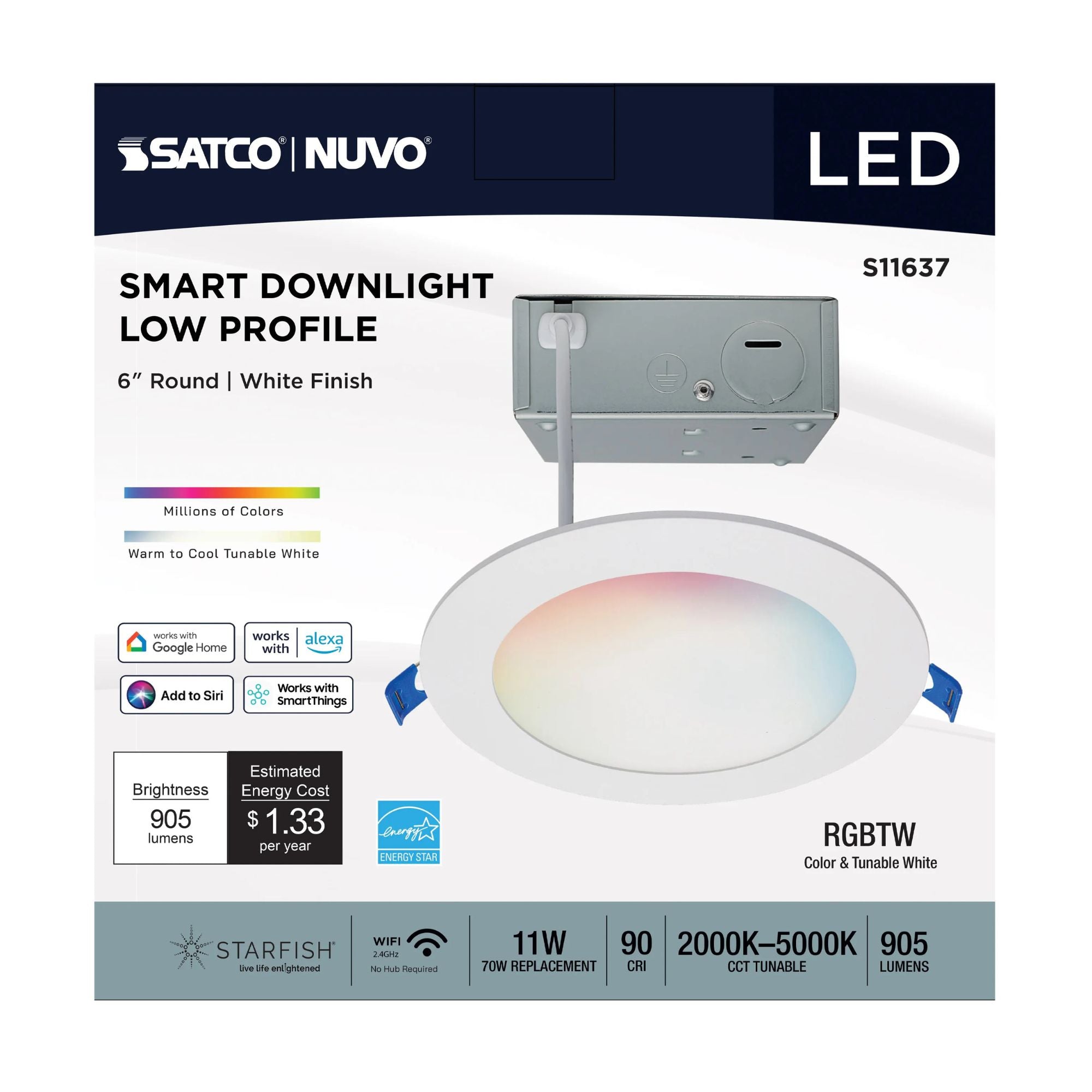 SATCO|NUVO - Starfish 6" Smart LED Slimfit Downlight, 11W, 900lm, RGB, White Round Trim | Bees Lighting