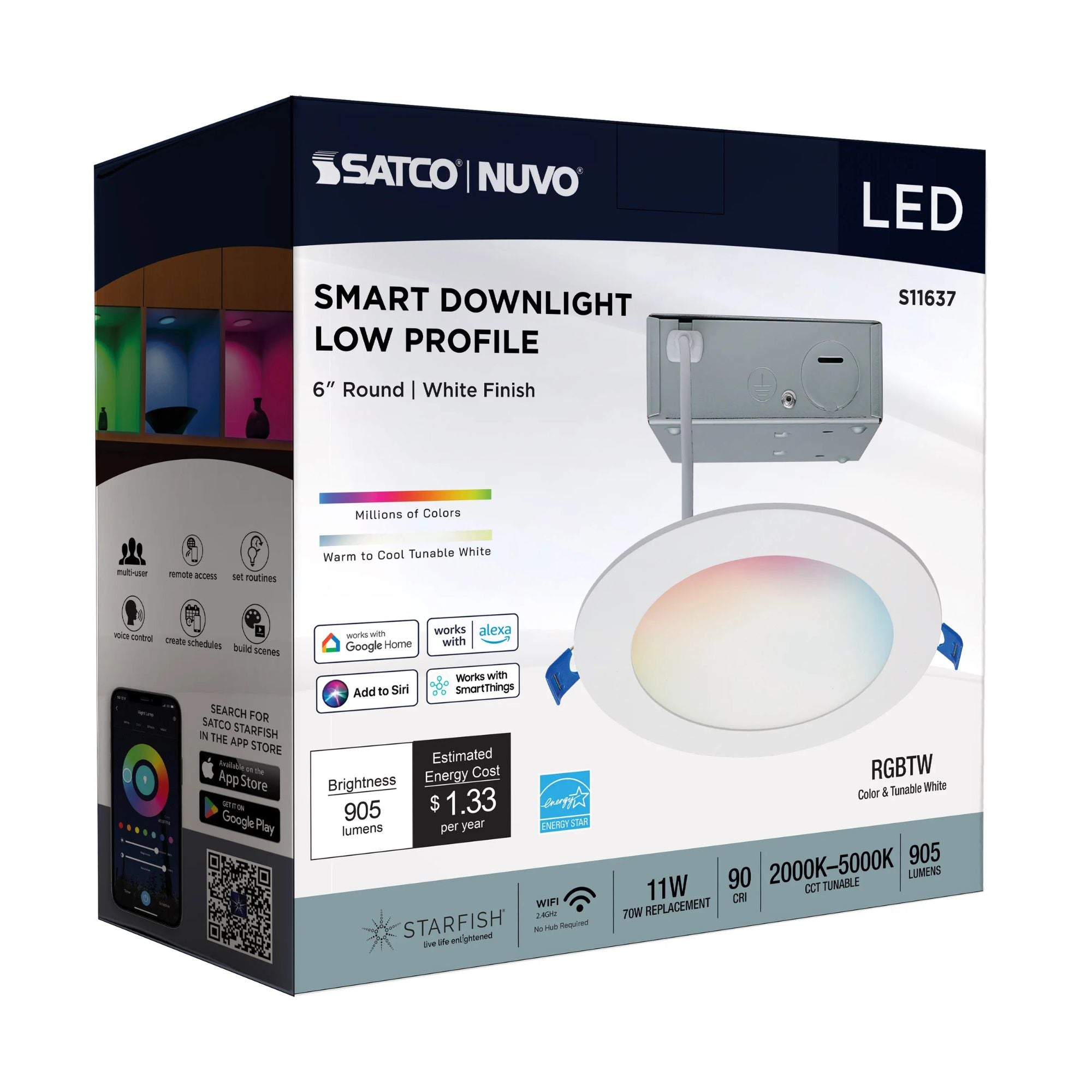 SATCO|NUVO - Starfish 6" Smart LED Slimfit Downlight, 11W, 900lm, RGB, White Round Trim | Bees Lighting