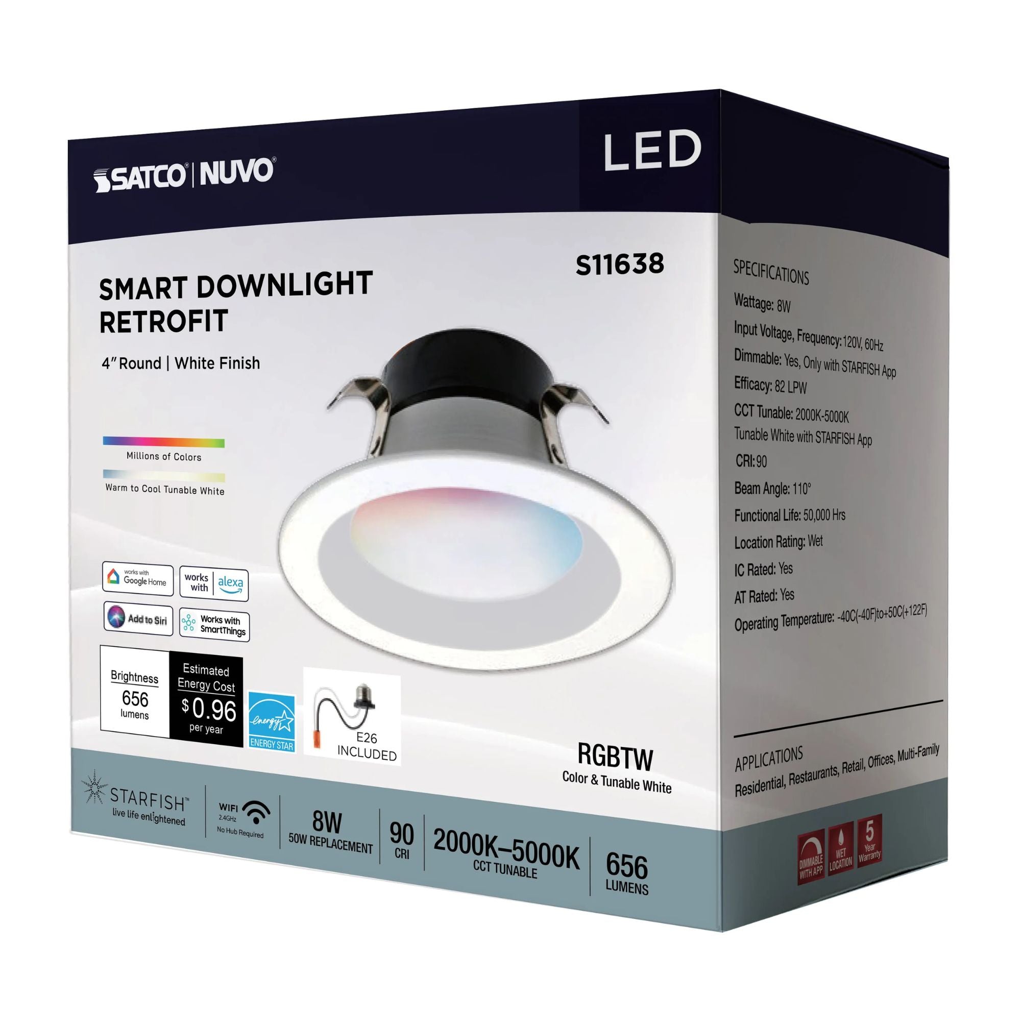 SATCO|NUVO - Starfish 4" LED Smart Retrofit Downlight, 8W, 650lm, RGB, Round Smooth Trim | Bees Lighting