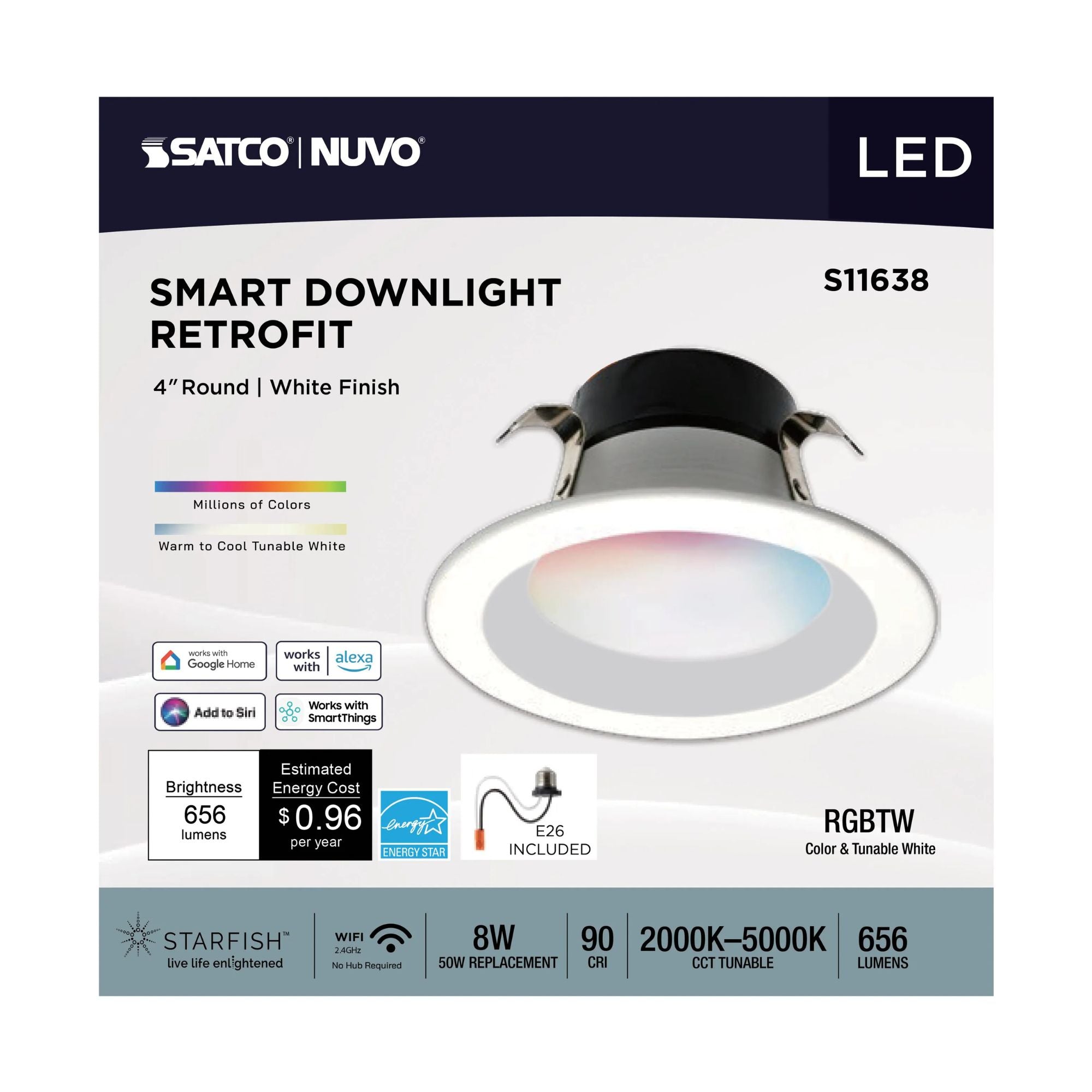 SATCO|NUVO - Starfish 4" LED Smart Retrofit Downlight, 8W, 650lm, RGB, Round Smooth Trim | Bees Lighting
