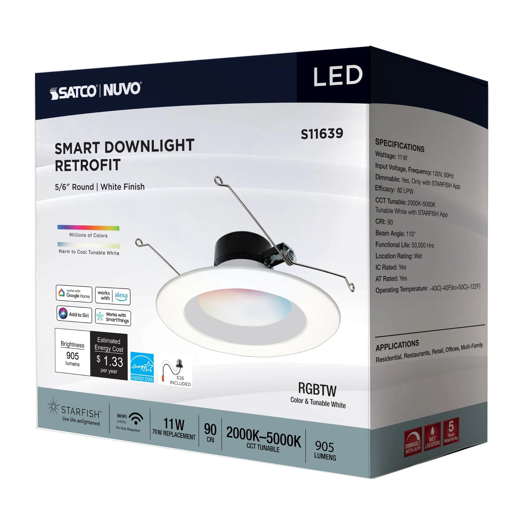 SATCO|NUVO - Starfish 6" LED Smart Retrofit Downlight, 11W, 900lm, RGB, Round Smooth Trim | Bees Lighting