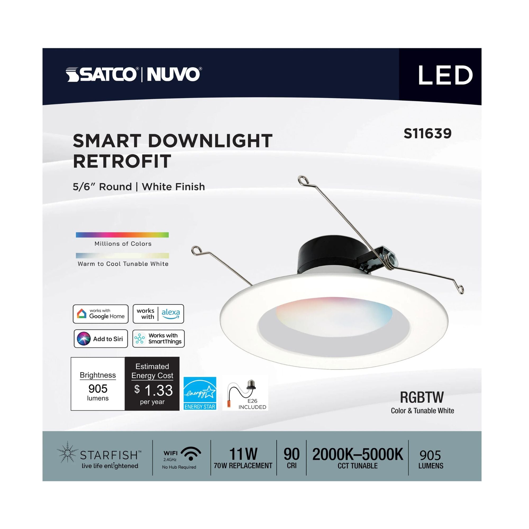 SATCO|NUVO - Starfish 6" LED Smart Retrofit Downlight, 11W, 900lm, RGB, Round Smooth Trim | Bees Lighting