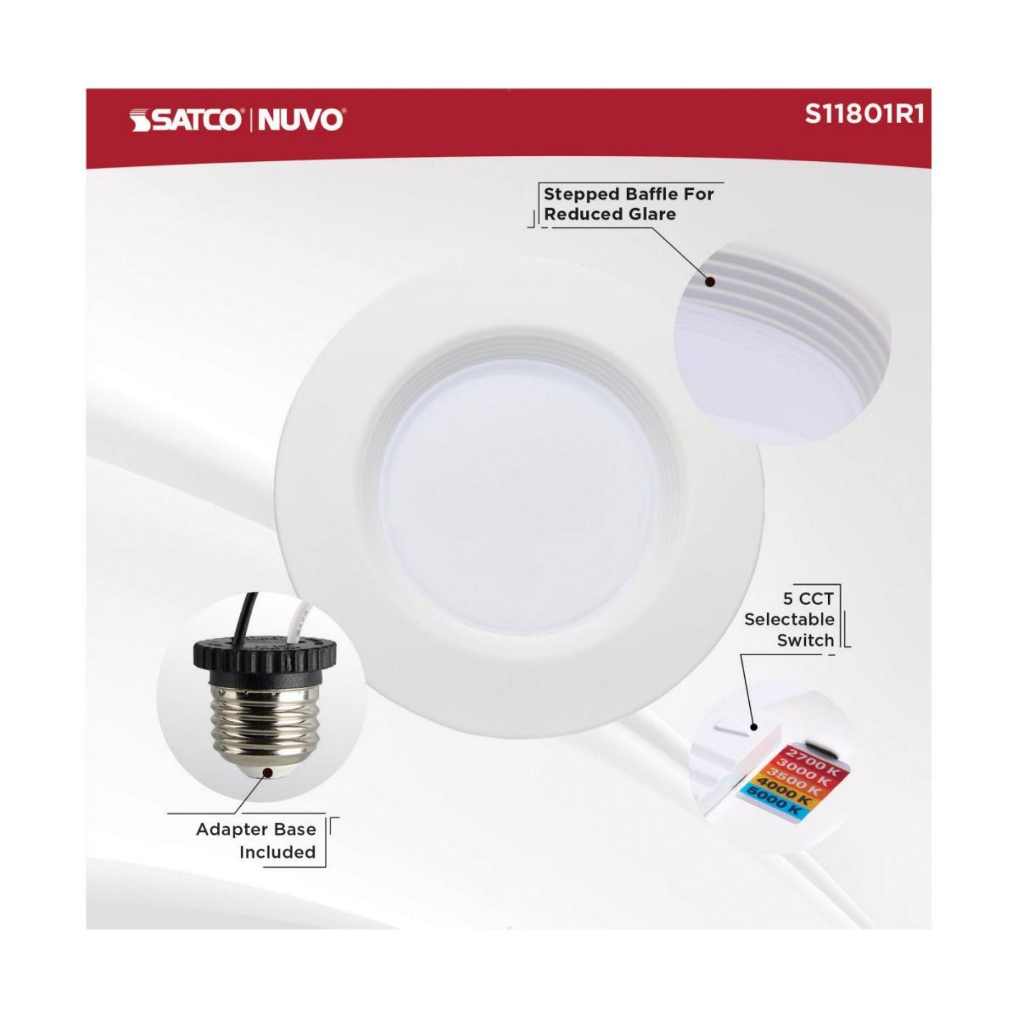 5/6" Retrofit LED Can Light, 9W, 800 Lm, 5-CCT, White Baffle Trim