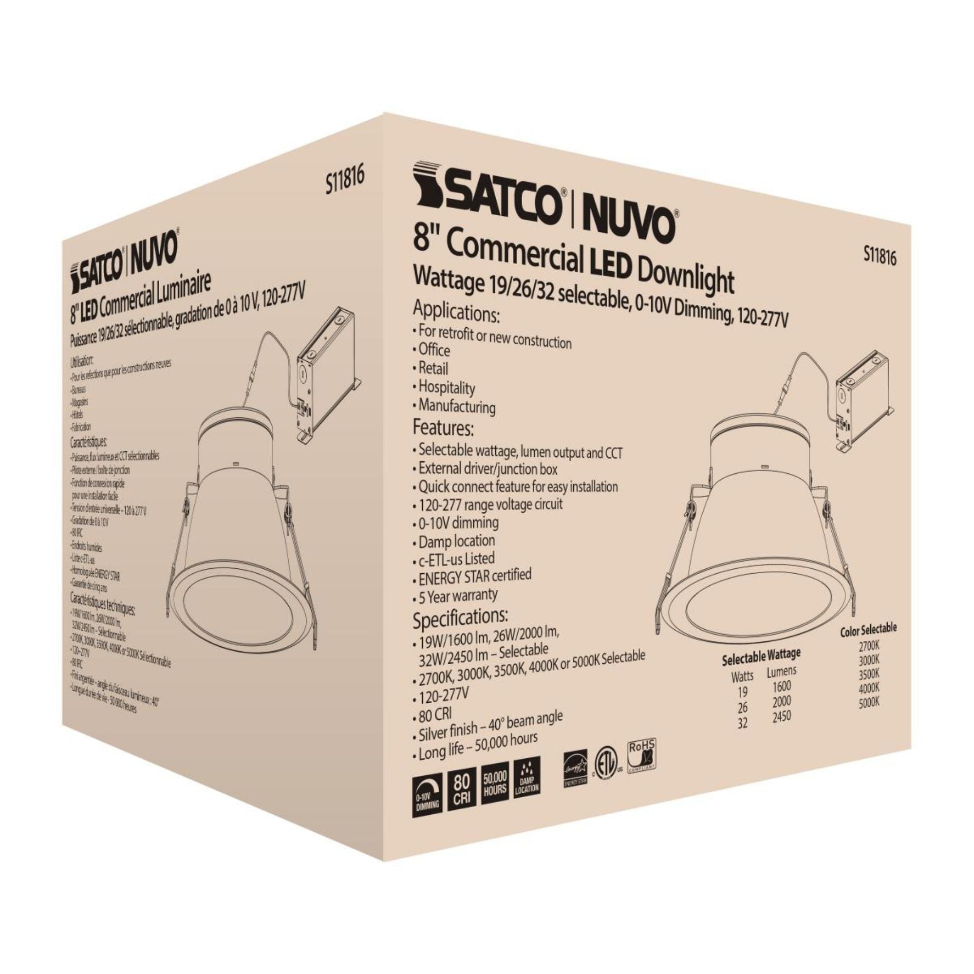 8" Commercial LED Downlight, 2450 Lm Adjustable, 5-CCT, Silver, 120-277V
