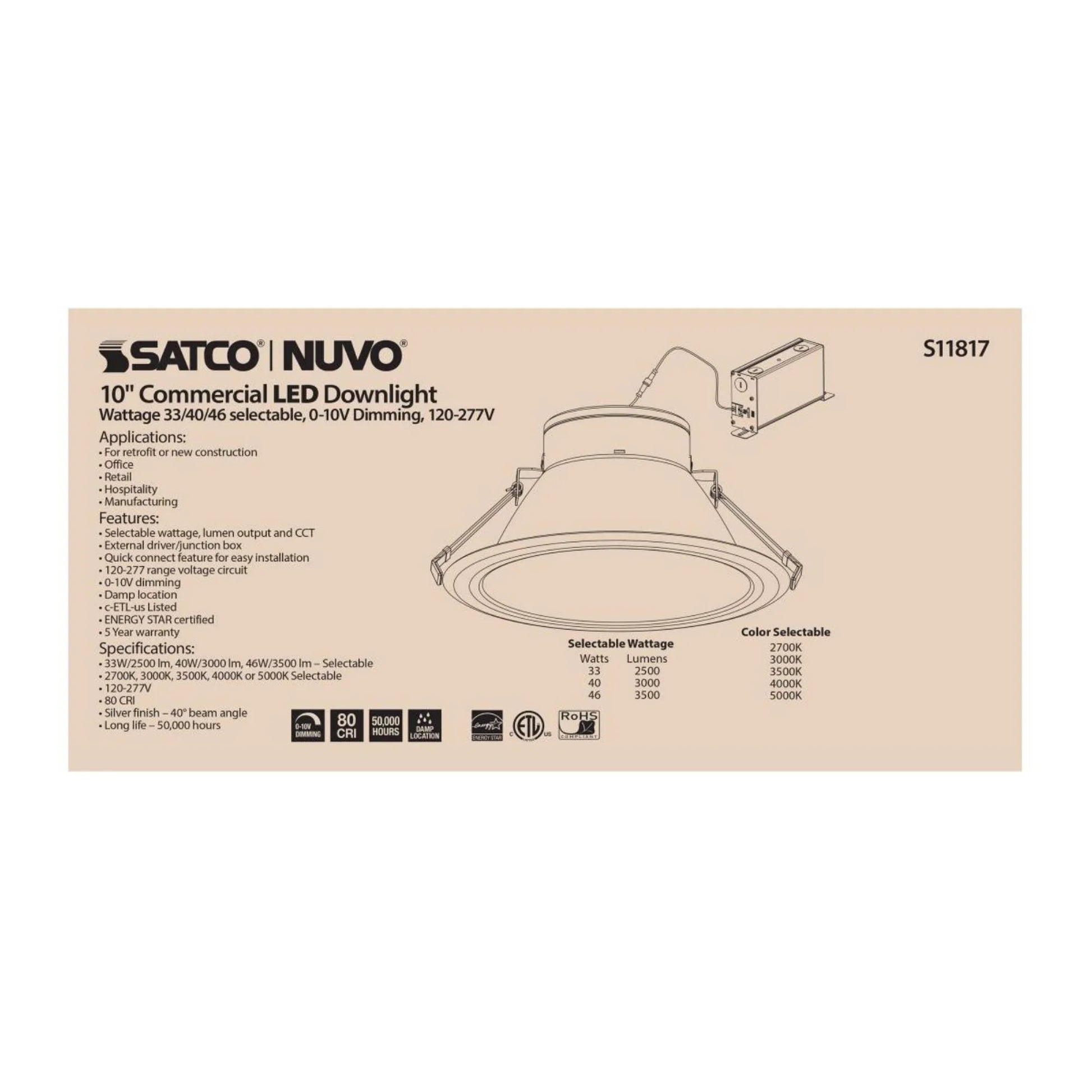 10" Commercial LED Downlight, 3500 Lm Adjustable, 5-CCT, Silver, 120-277V - Bees Lighting