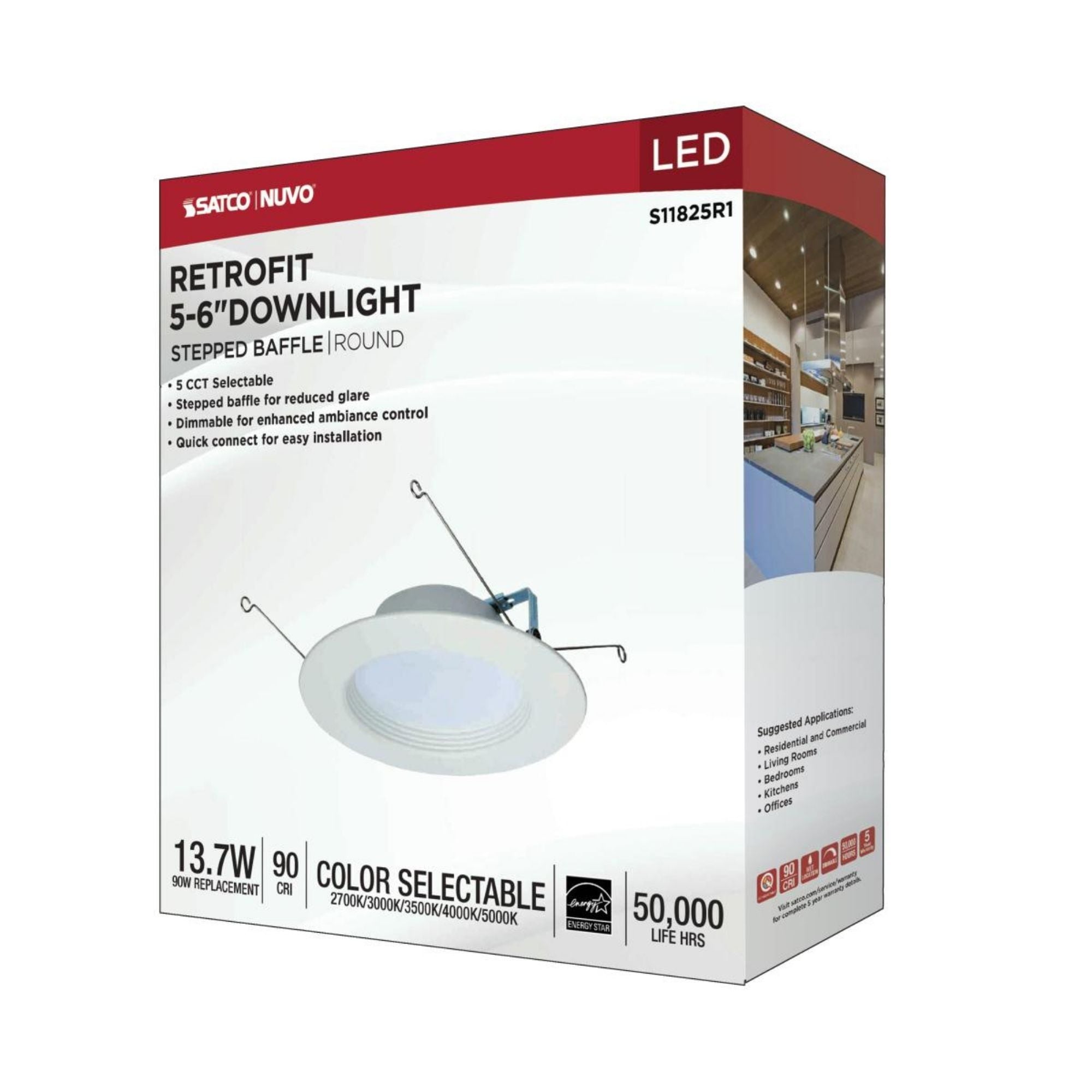 5/6" Retrofit LED Can Light, 14W, 1200 Lm, 5-CCT, White Baffle Trim