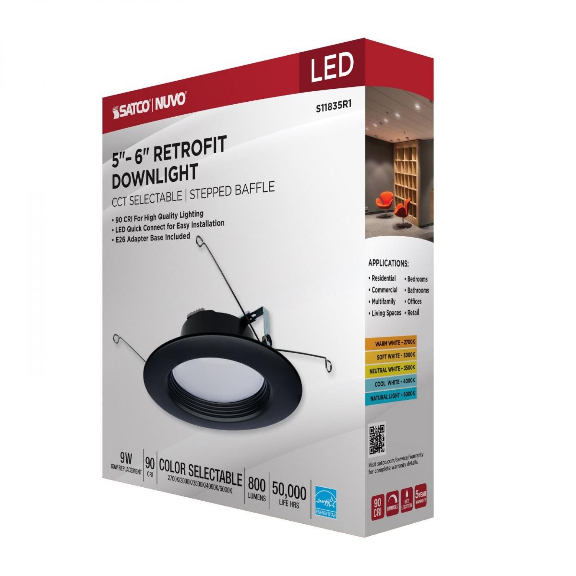 5/6" Retrofit LED Can Light, 9W, 800 Lm, 5-CCT, Black Baffle Trim