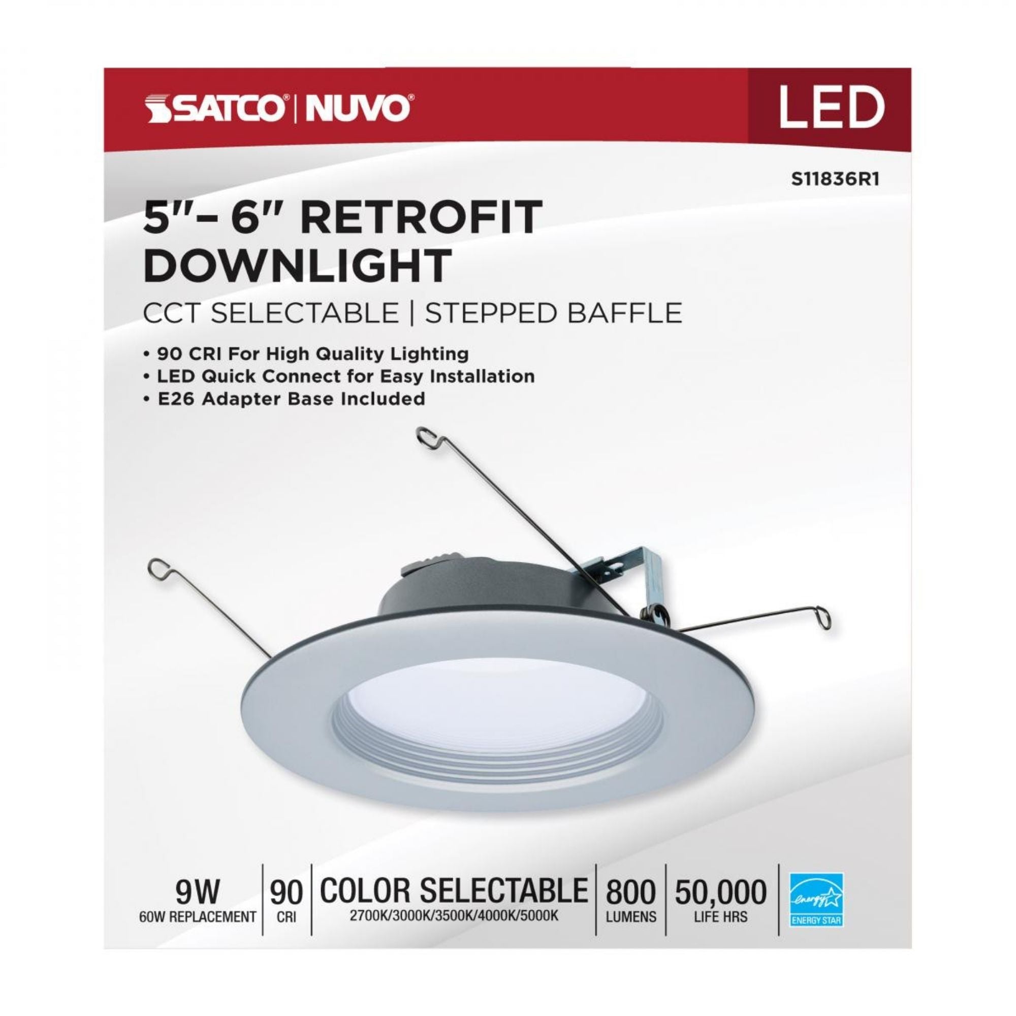5/6" Retrofit LED Can Light, 9W, 800 Lm, 5-CCT, Nickel Baffle Trim