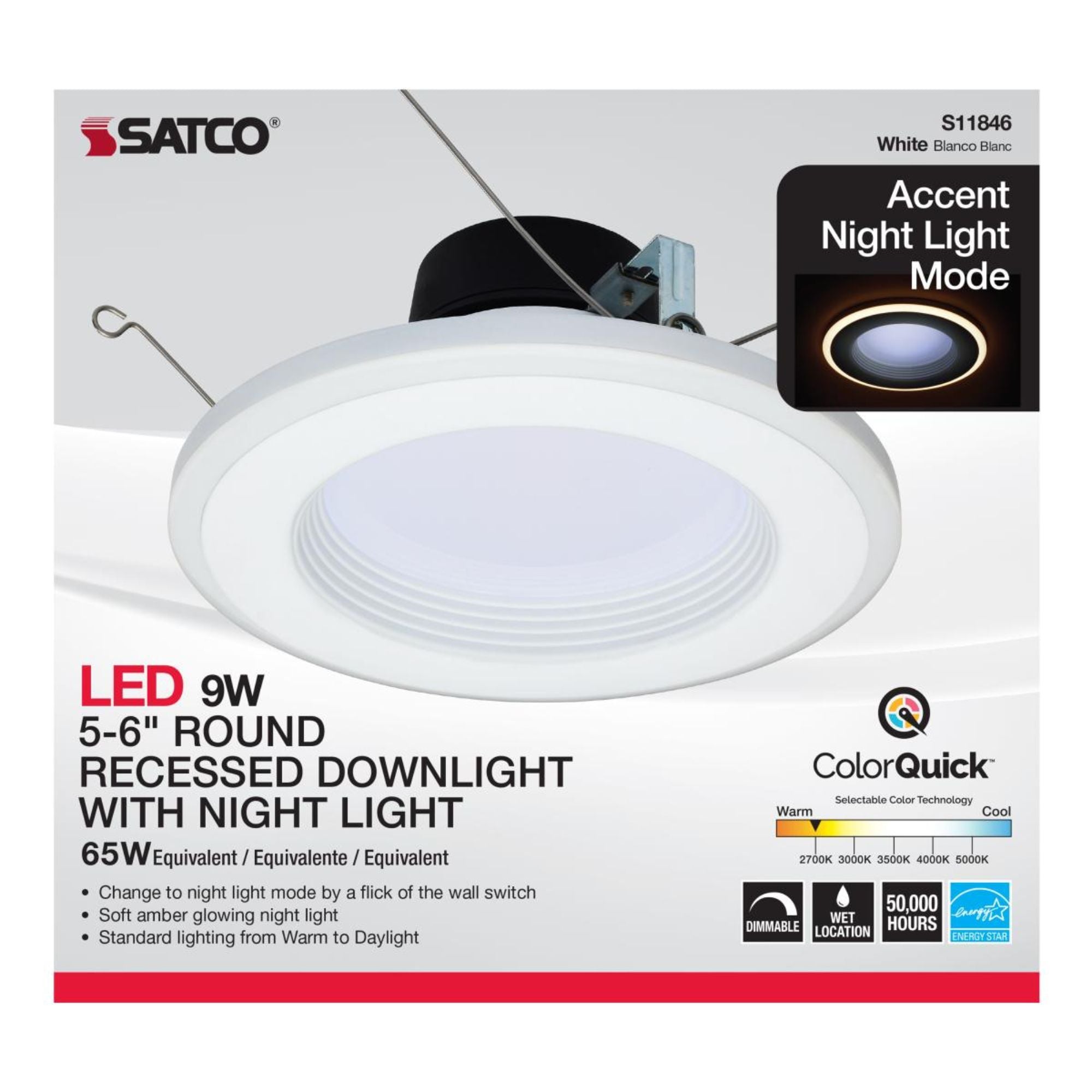 5/6" LED Recessed Can Light with Night Light, 800 Lm, 5-CCT, Deep Baffle Trim