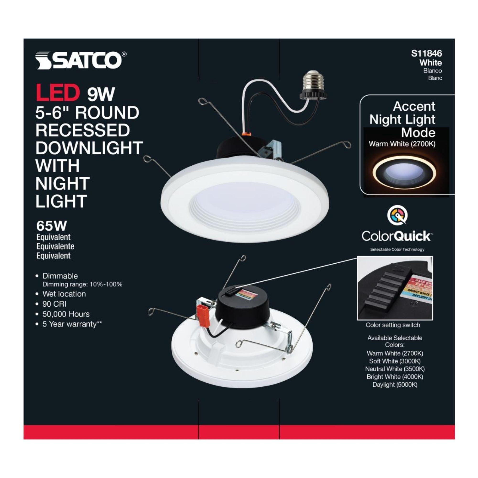5/6" LED Recessed Can Light with Night Light, 800 Lm, 5-CCT, Deep Baffle Trim
