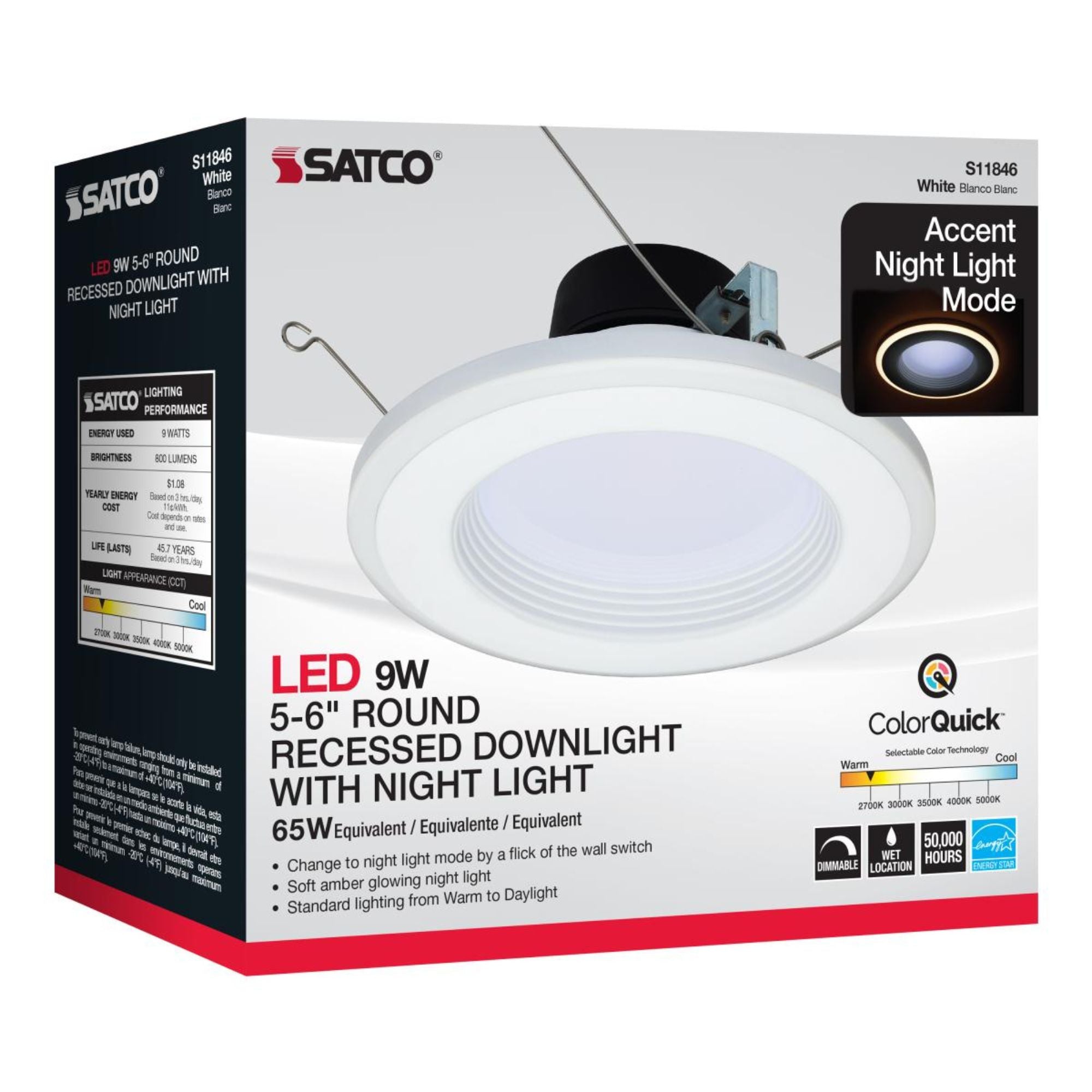 5/6" LED Recessed Can Light with Night Light, 800 Lm, 5-CCT, Deep Baffle Trim