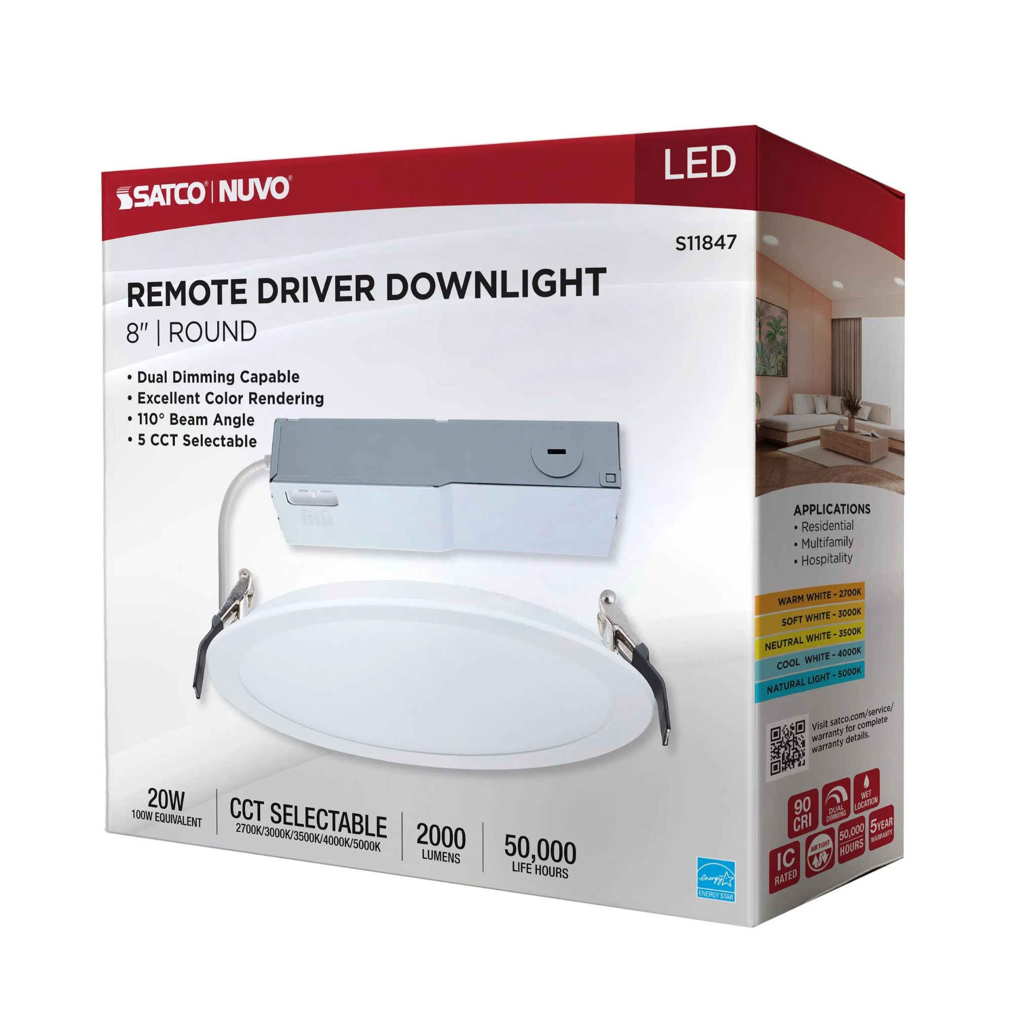 Slim Fit 8" Round Canless LED Recessed Light, 2000lm, 5CCT, 120-277V, White