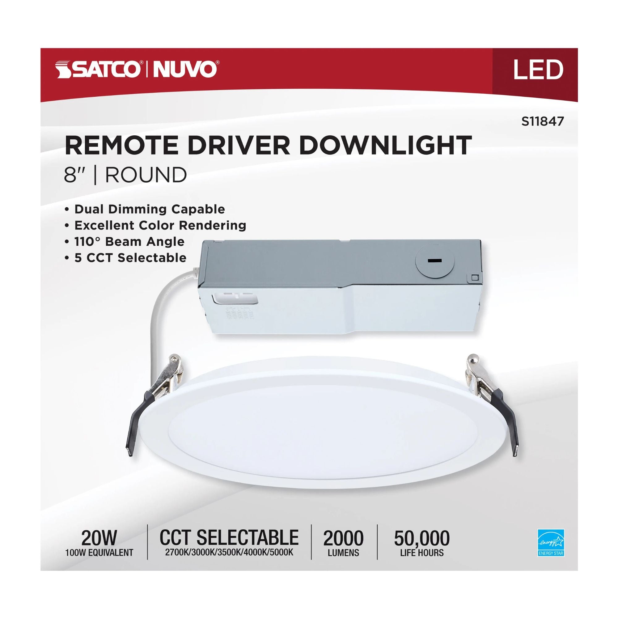 Slim Fit 8" Round Canless LED Recessed Light, 2000lm, 5CCT, 120-277V, White