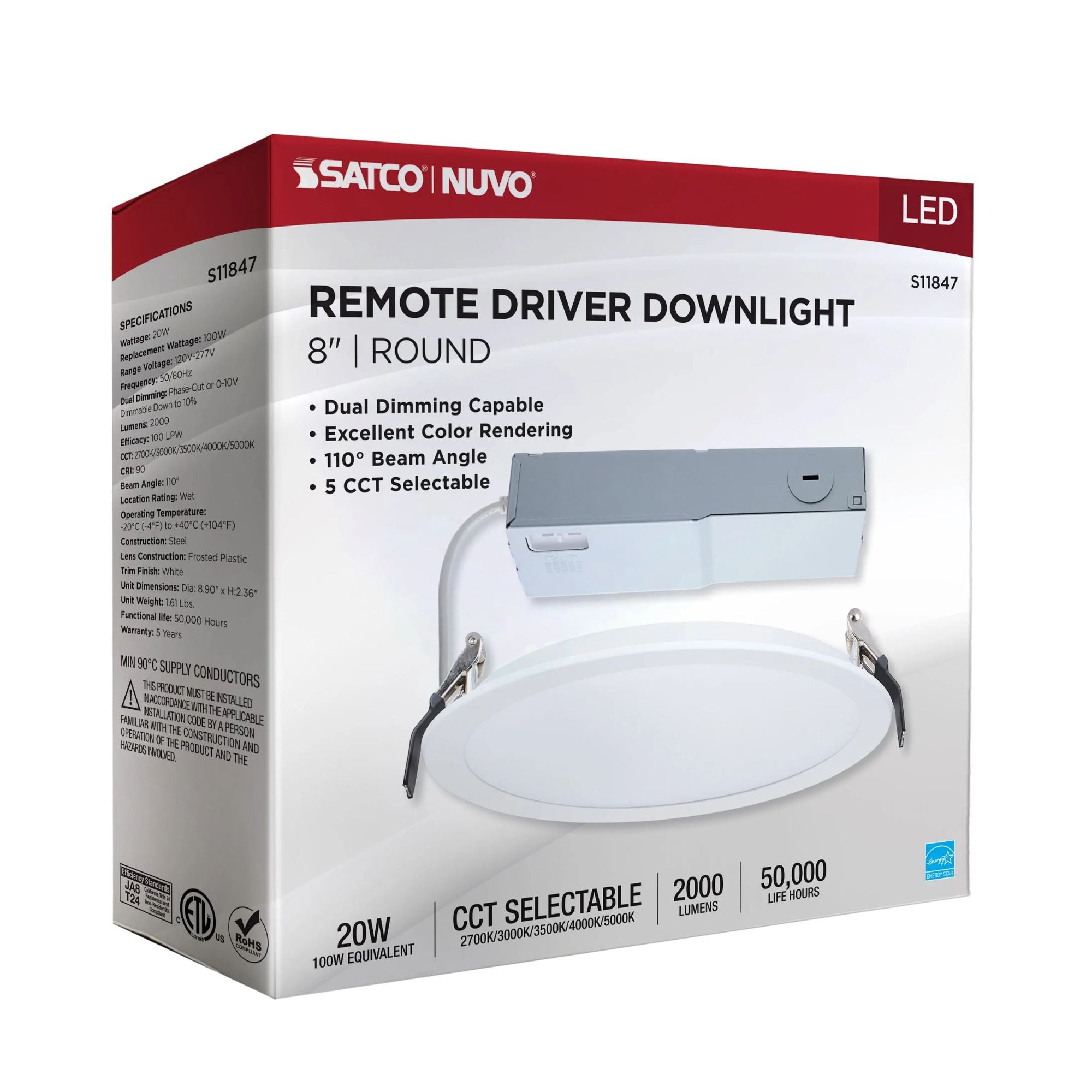 Slim Fit 8" Round Canless LED Recessed Light, 2000lm, 5CCT, 120-277V, White