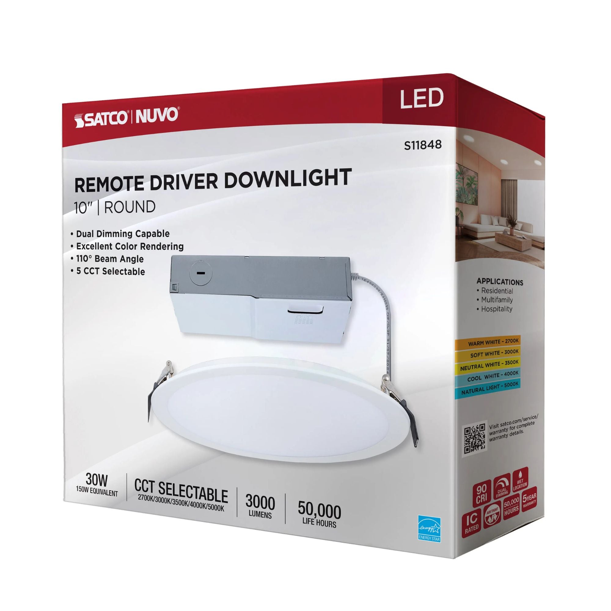 Slim Fit 10" Round Canless LED Recessed Light, 3000lm, 5CCT, 120-277V, White