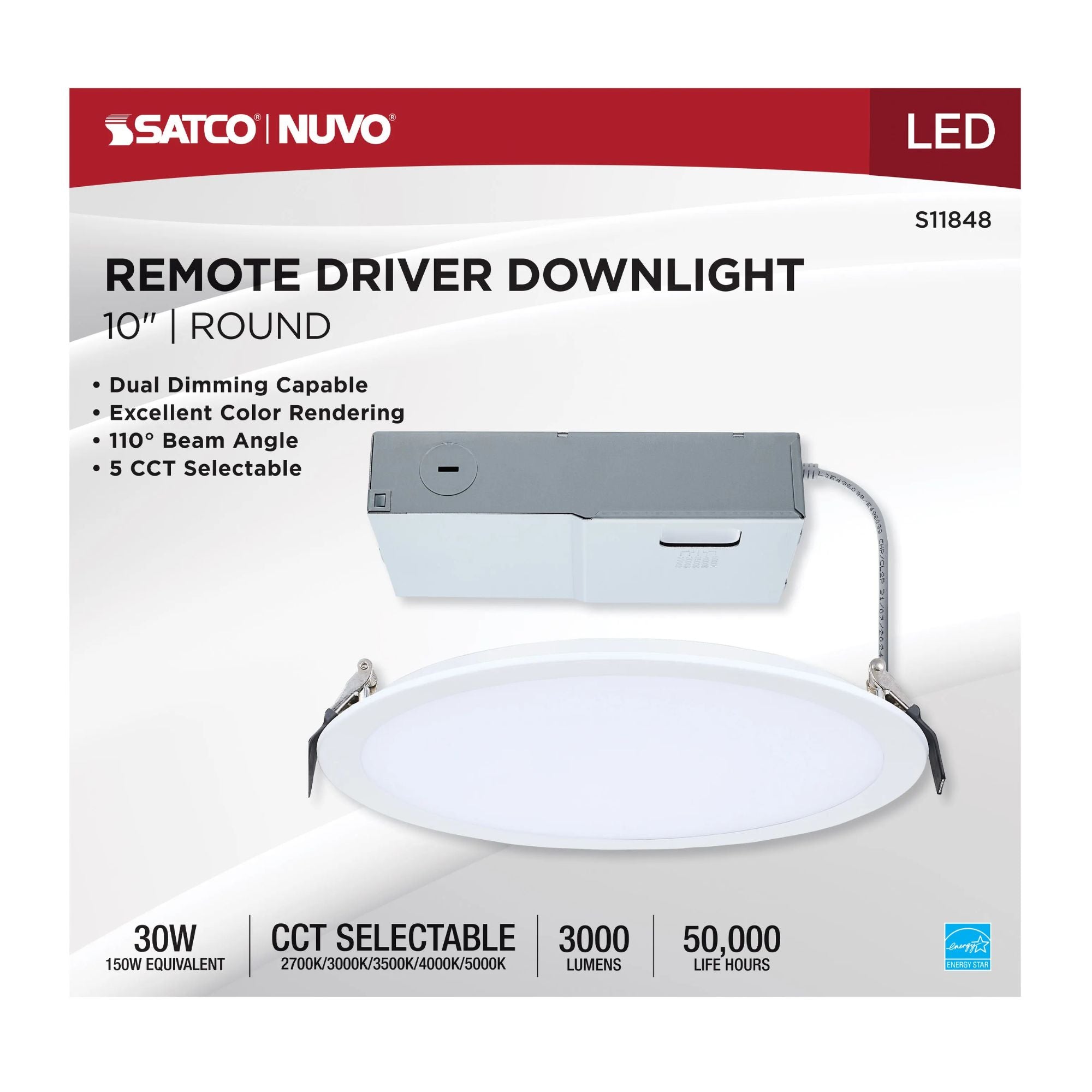 Slim Fit 10" Round Canless LED Recessed Light, 3000lm, 5CCT, 120-277V, White