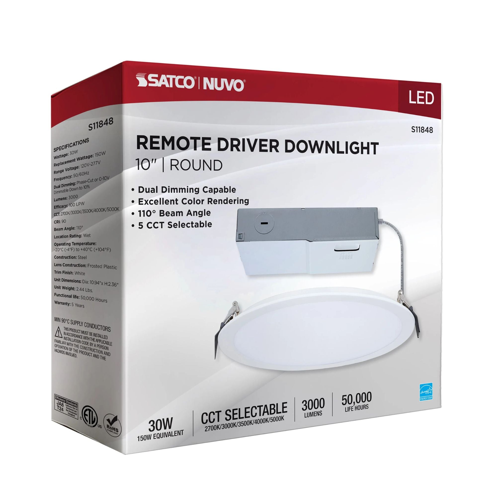 Slim Fit 10" Round Canless LED Recessed Light, 3000lm, 5CCT, 120-277V, White