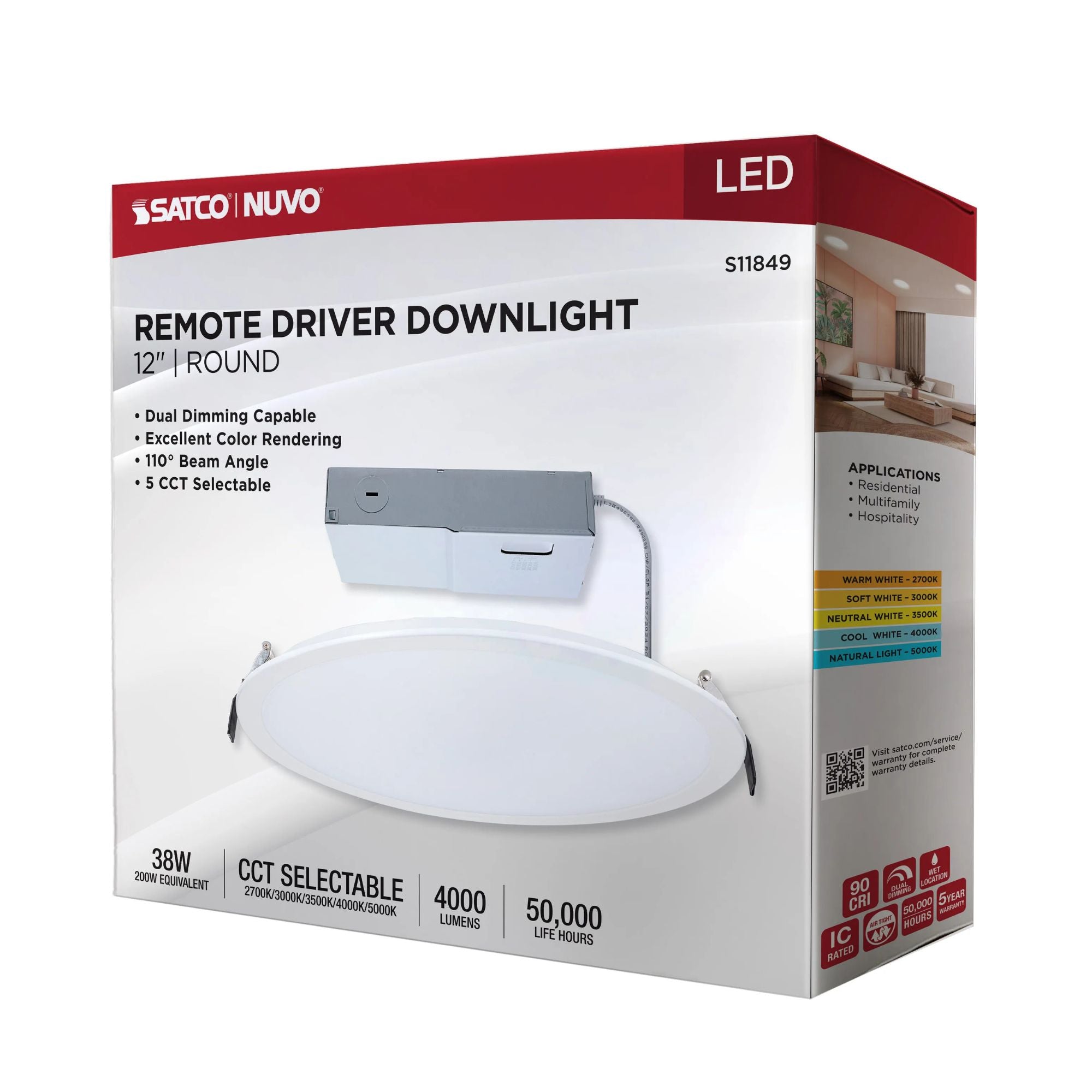 Slim Fit 12" Round Canless LED Recessed Light, 4000lm, 5CCT, 120-277V, White