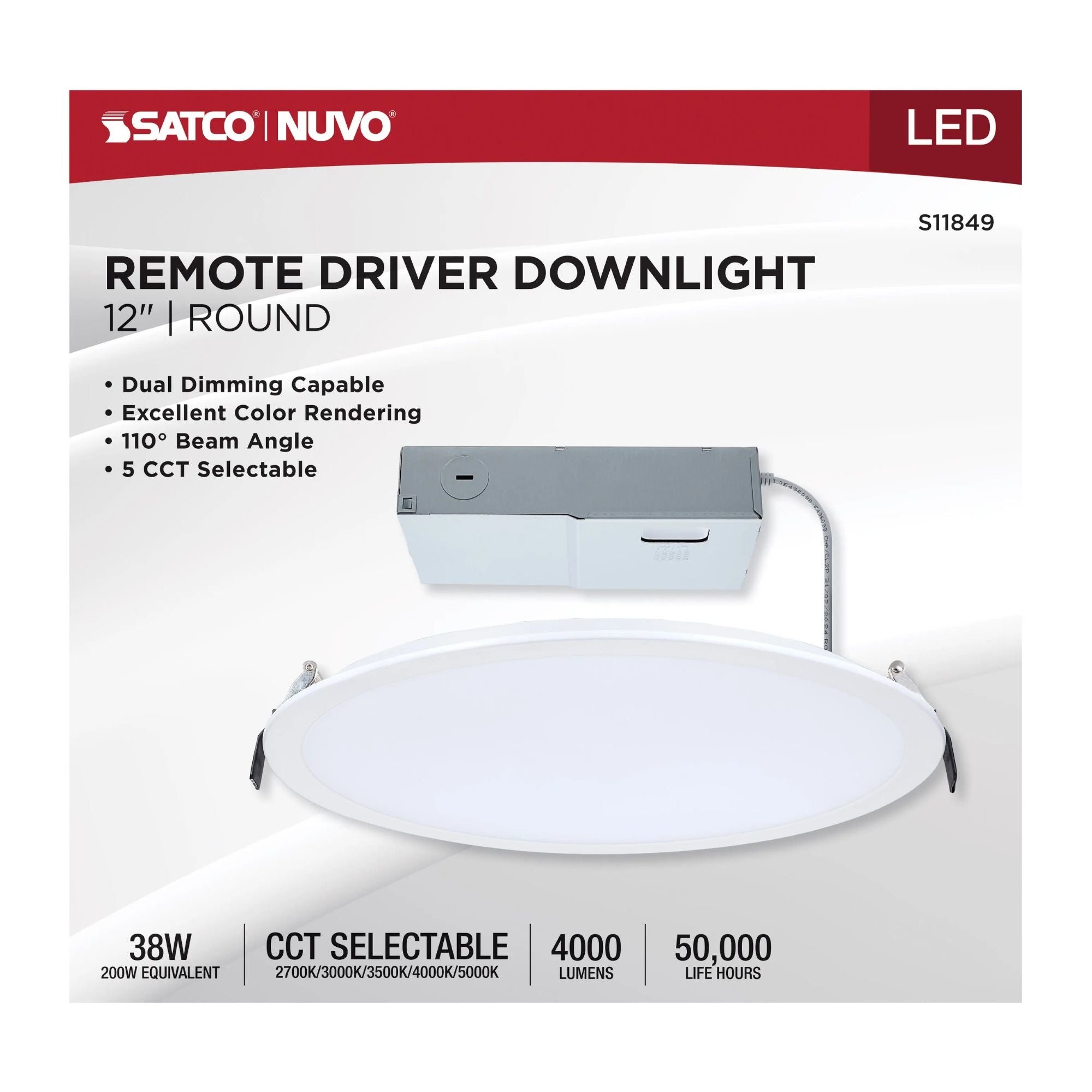 Slim Fit 12" Round Canless LED Recessed Light, 4000lm, 5CCT, 120-277V, White