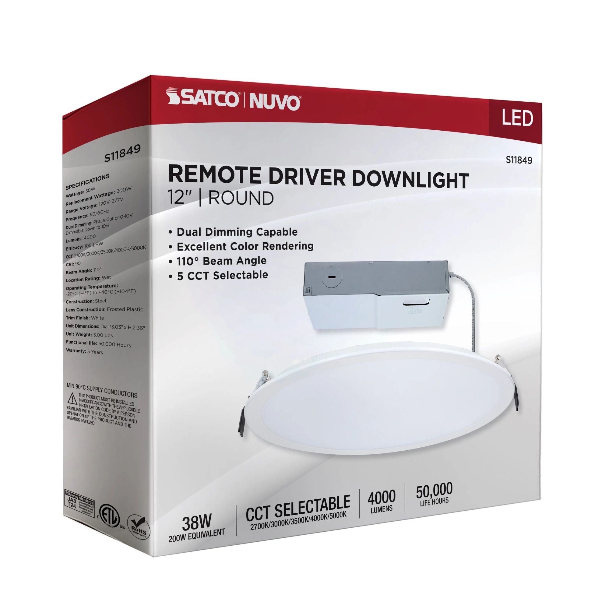 Slim Fit 12" Round Canless LED Recessed Light, 4000lm, 5CCT, 120-277V, White