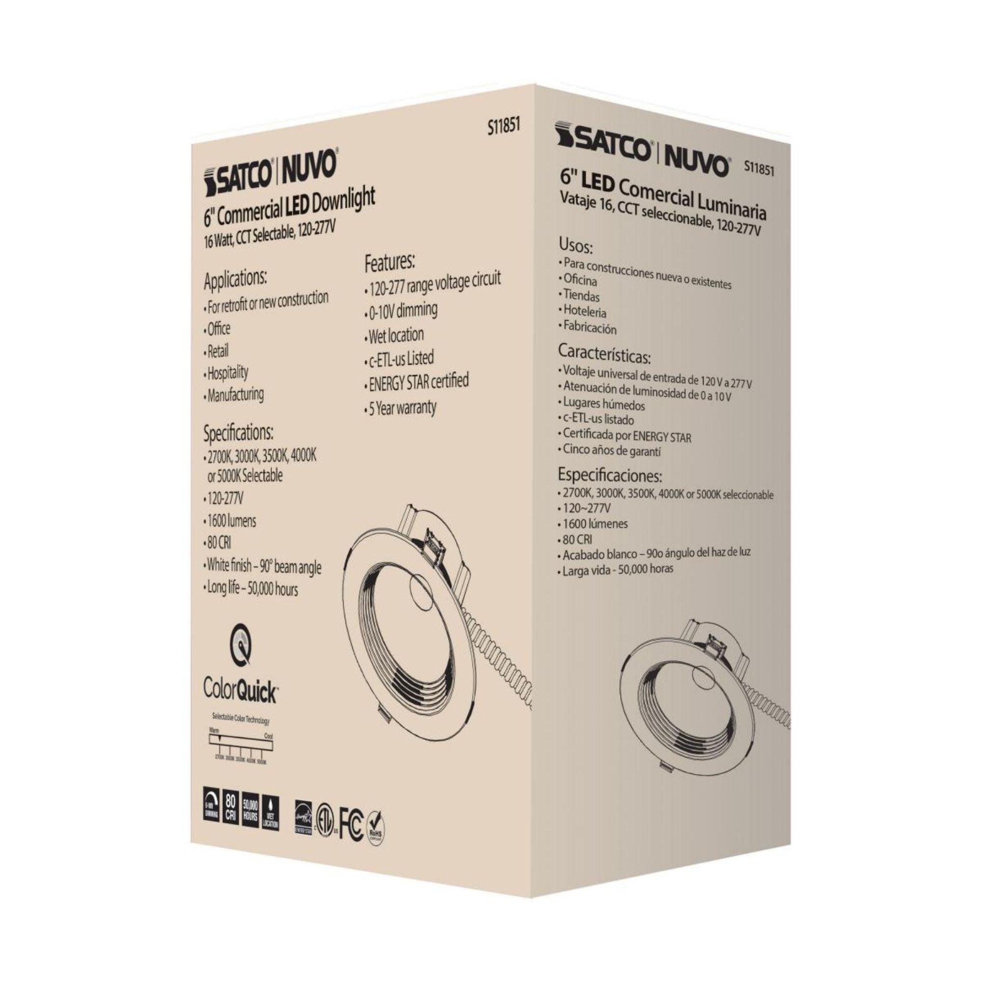 6" Commercial LED Downlight, 15W, 1600 Lm, 5-CCT, Baffle Trim, 120-277V