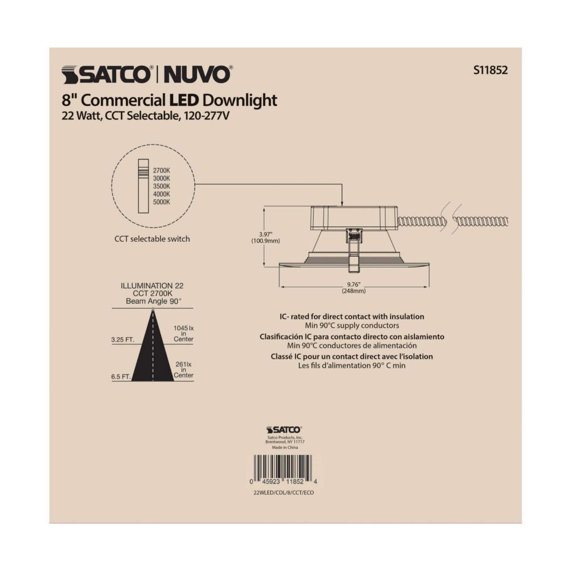 8" Commercial LED Downlight, 22W, 2200 Lm, 5-CCT, Baffle Trim, 120-277V