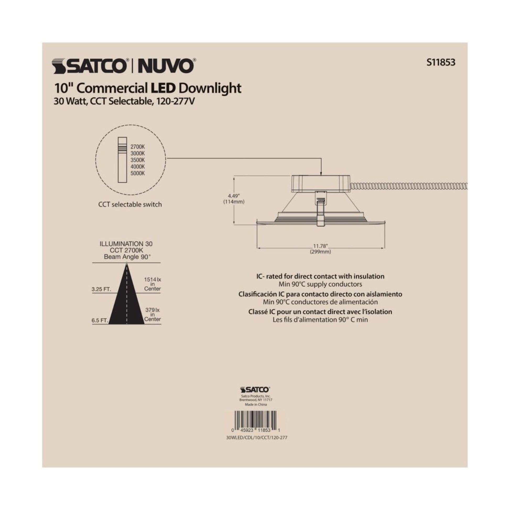 10" Commercial LED Downlight, 30W, 3500 Lm, 5-CCT, Baffle Trim, 120-277V - Bees Lighting