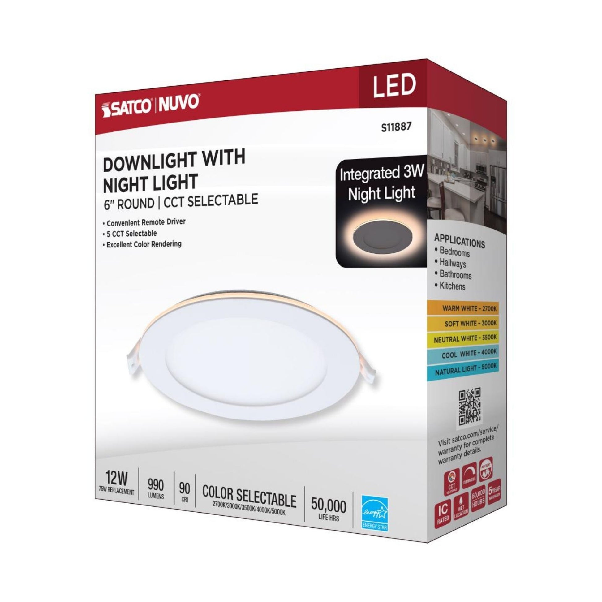 6" LED Downlight with Night Light, 1000 Lm, Selectable CCT, White Round Trim - Bees Lighting