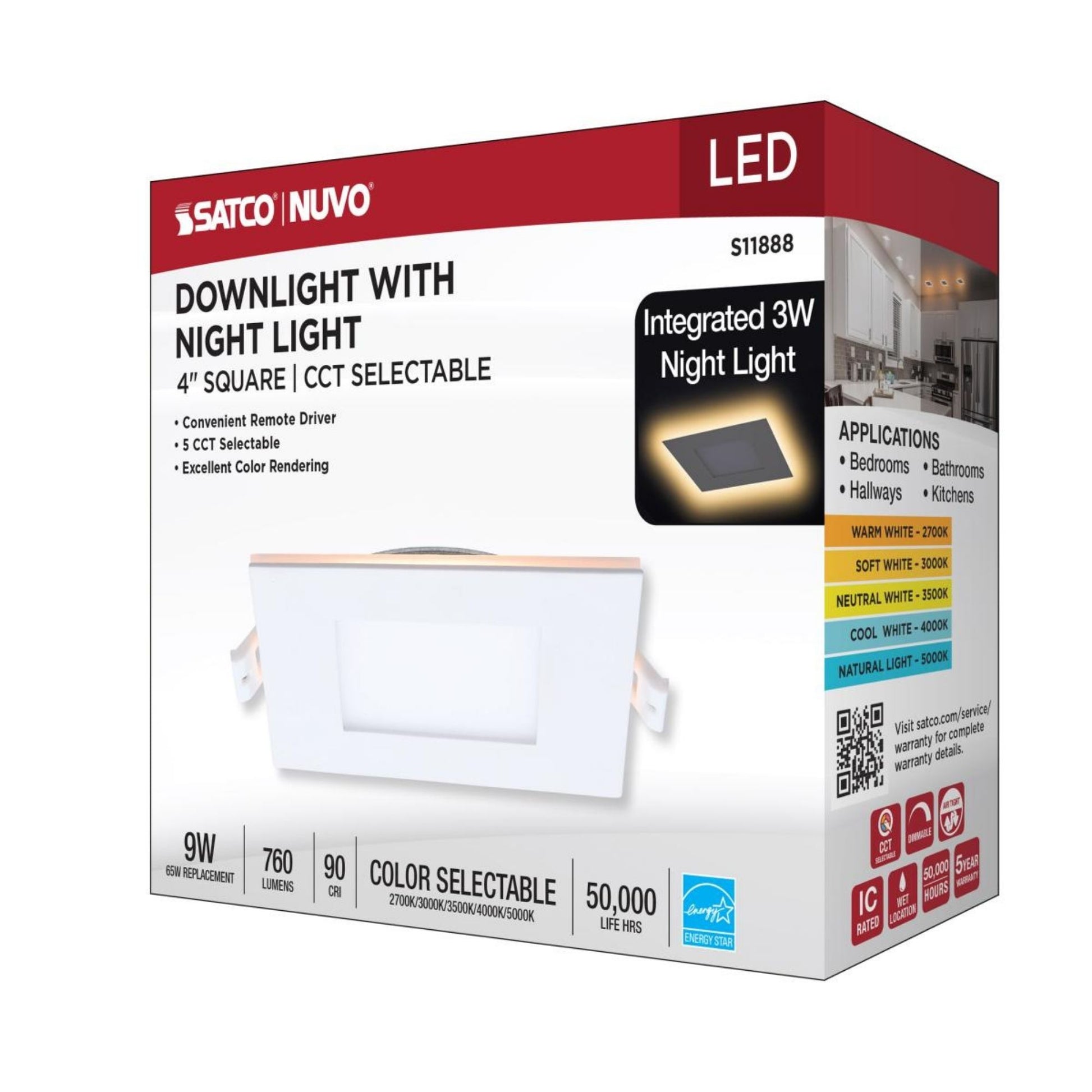 4" LED Downlight with Night Light, 760 Lm, Selectable CCT, White Square Trim - Bees Lighting