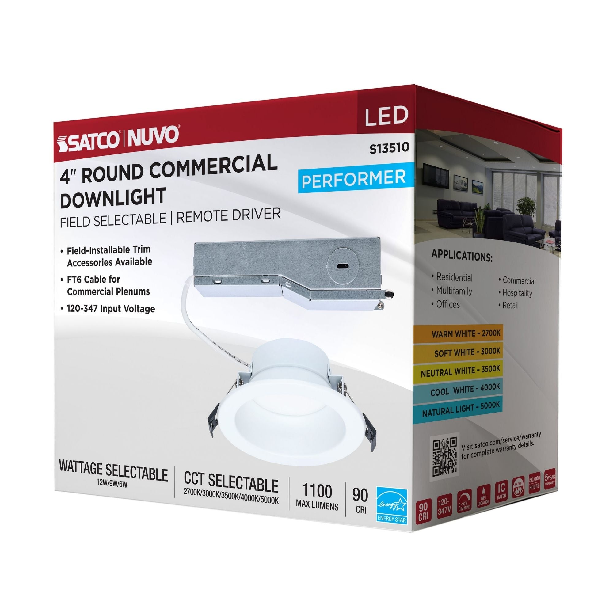 Satco S13510 4 in. Commercial Downlight Retrofit 12W 1100 Lumens Selectable CCT Wet Rated