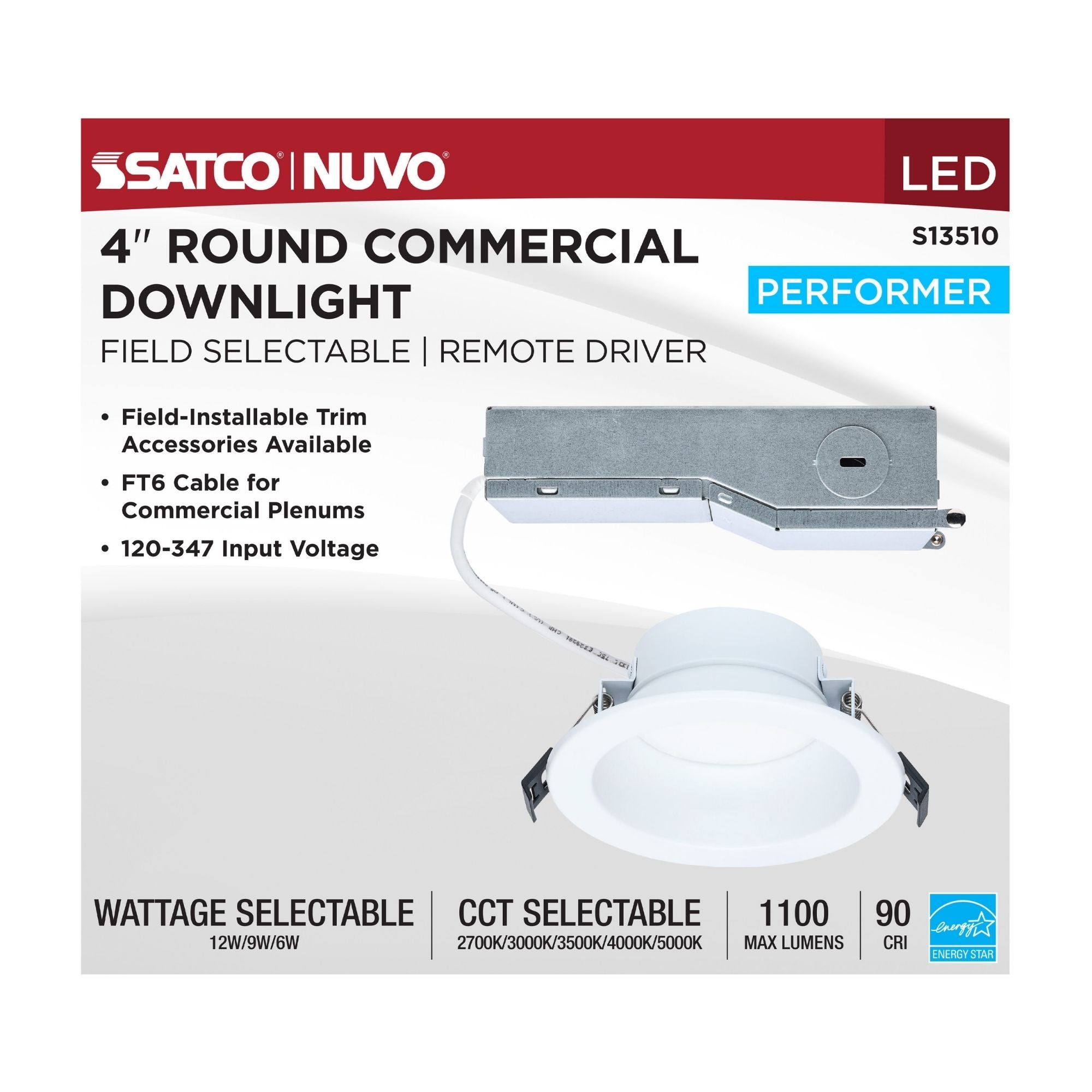 Satco S13510 4 in. Commercial Downlight Retrofit 12W 1100 Lumens Selectable CCT Wet Rated