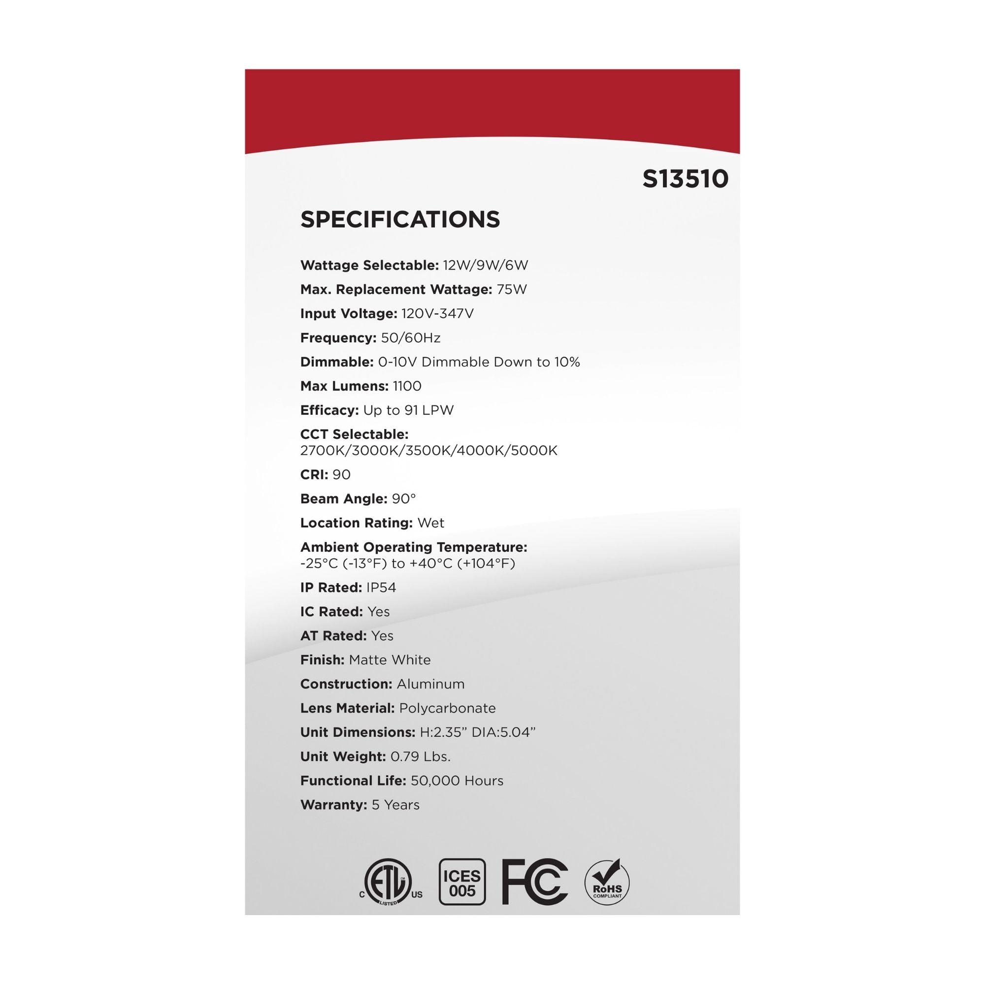Satco S13510 4 in. Commercial Downlight Retrofit 12W 1100 Lumens Selectable CCT Wet Rated